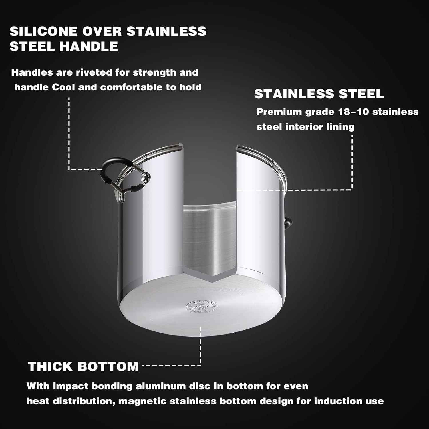 Cook N Home Stockpot Sauce Pot Induction Pot with Lid Professional Stainless Steel 12 Quart, Dishwasher Safe with Stay-Cool Handles, Silver image number 4