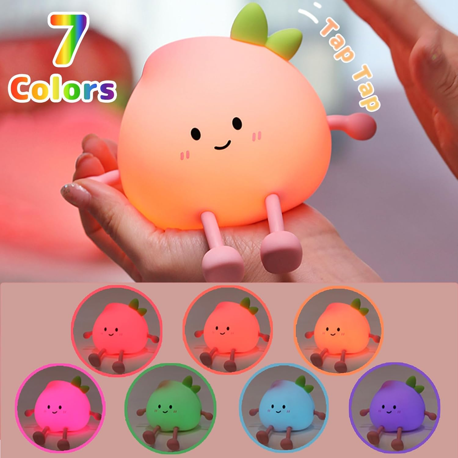AVEKI Peach Night Light for Kids - Cute Silicone Snooze Lamp with 7 Colours & 3 Brightness Levels Warm Light, Rechargeable, Touch Sensitive, Baby Night Light Gift - Warm image number 6