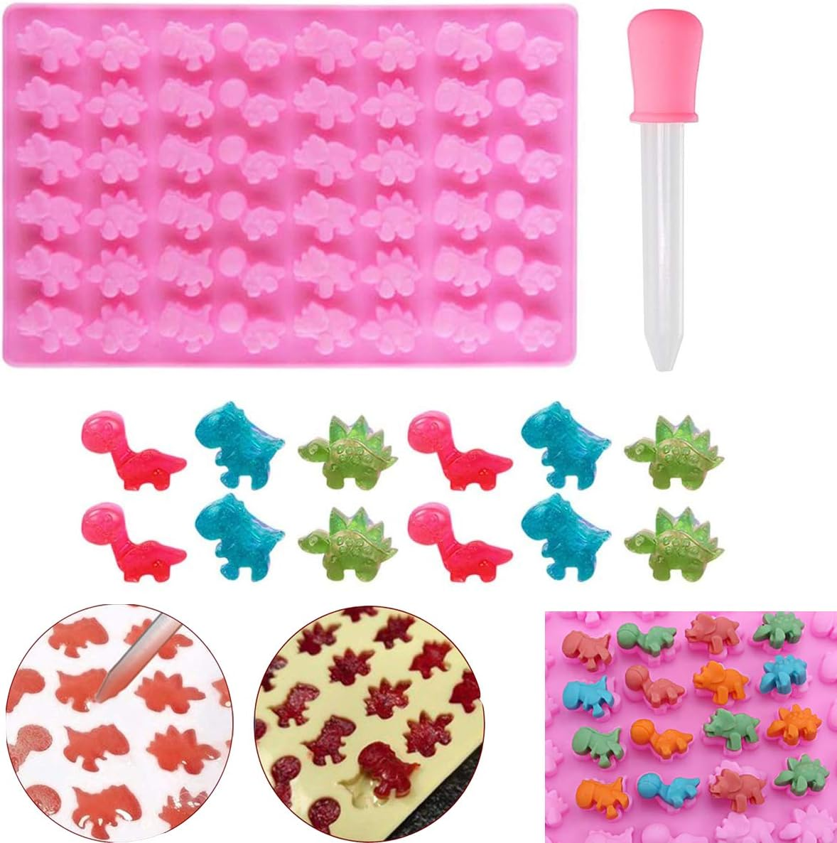 Mini 48 Dinosaur Silicone Gummy Chocolate Baking Mold with Dropper Ice Cube Tray Candy Sweet Jelly Mould Cake Cupcake Topper Decor Molds DIY Tool (Pink) image number 1