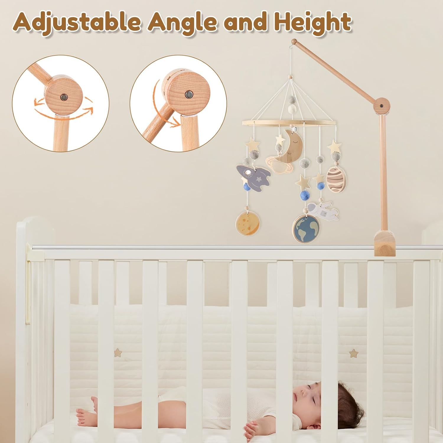 Baby Crib Mobile Arm 27Inch Wooden Crib Mobile Holder Angle and Height Adjustable Crib Mobile Arm Non-Skid Crib Mobile Bed Bell Holder Nursery Mobile Hanger for Crib Nursery D&eacute;cor image number 5