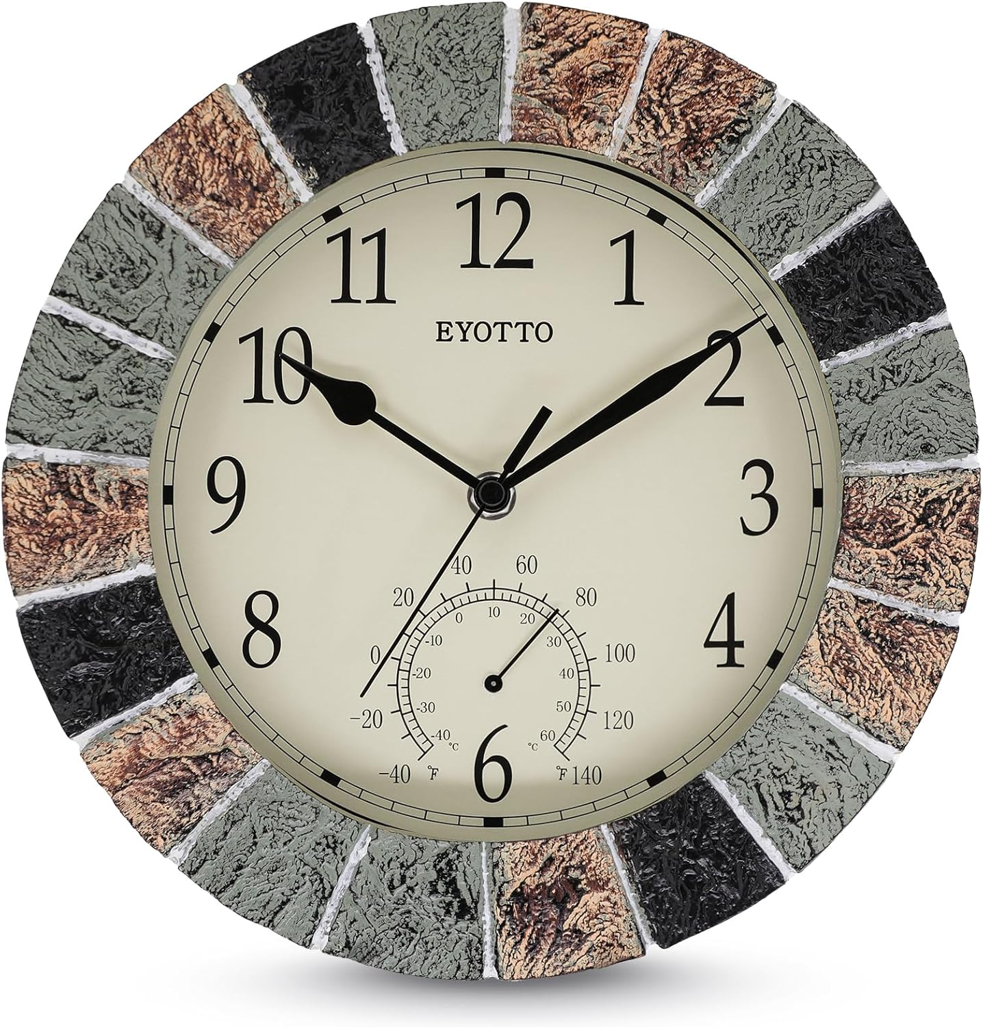 Eyotto 10 Inch Indoor/Outdoor Waterproof Wall Clock with Thermometer Silent Non-Ticking Battery Operated Wall Clocks Weatherproof for Patio, Pool, Garden, Lanai, Fence, Porch, Deck, Bathroom image number 2