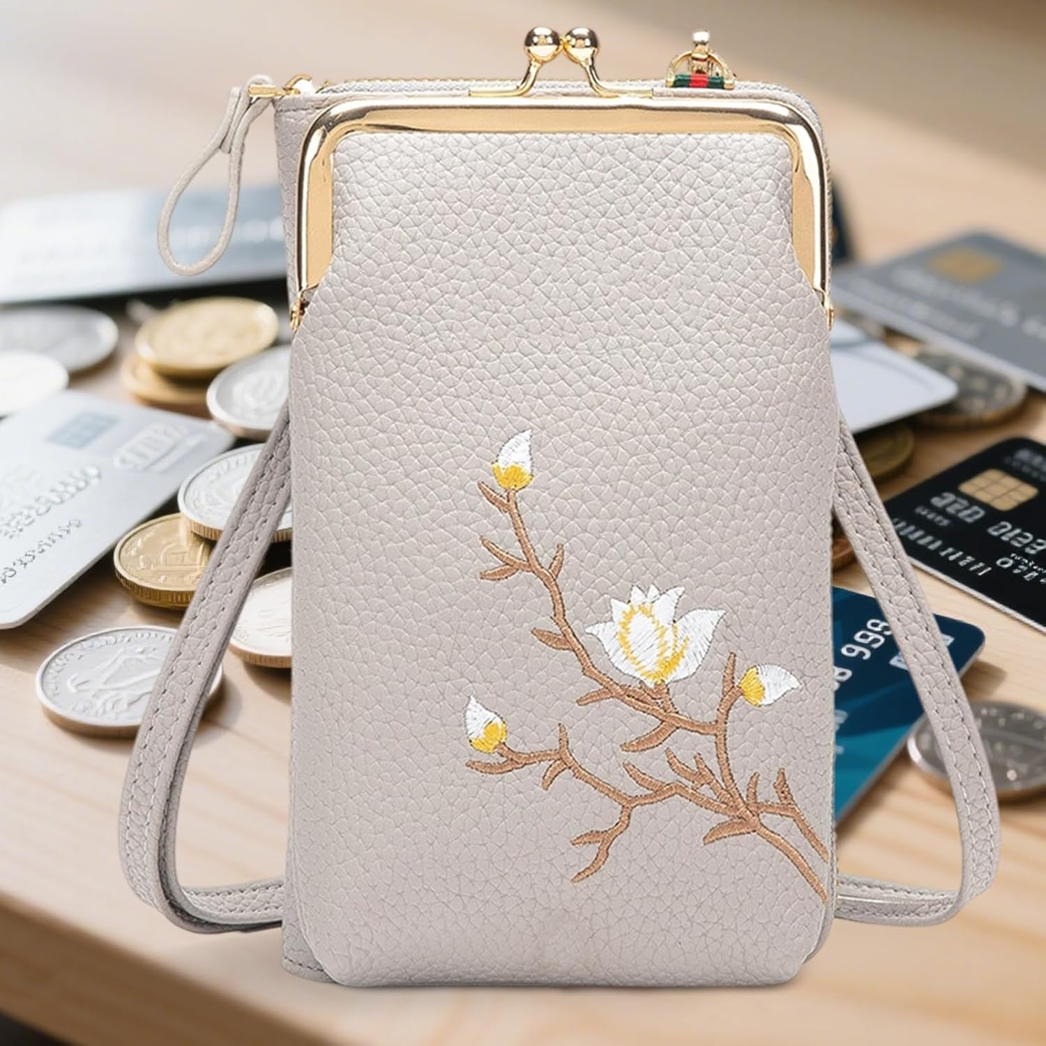 Sling Bag for Women - PU Leather Wallet Bag,Small Wallet with Shoulder Strap for Gym Summer Teen Girls Hiking Passport Running - Gray image number 3