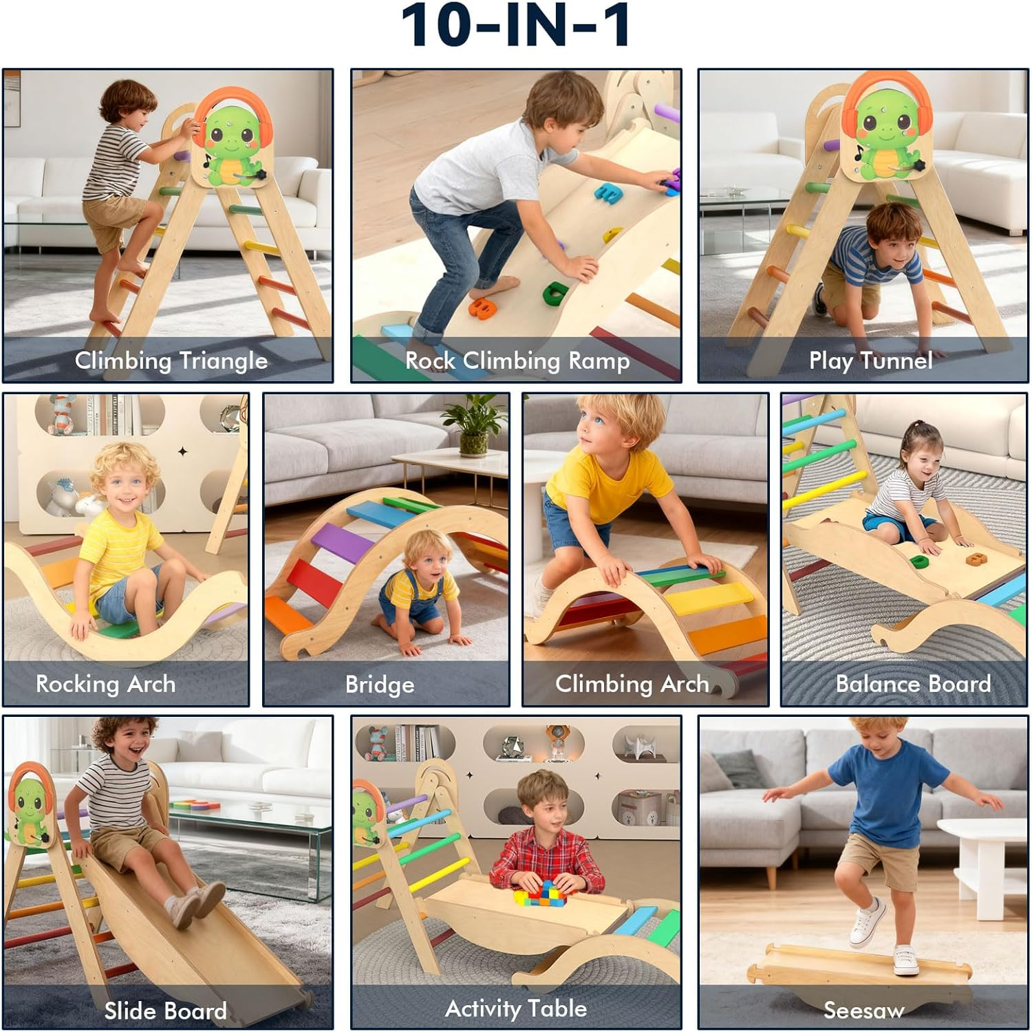 Dinosaur Theme Pikler Triangle Set &ndash; 10 in 1 Montessori Toddler Climbing Toys Indoor Playground with Foldable Wooden Climber with Slide, Rocking Arch, Play Tunnel, Bridge, Table, Indoor Jungle Gym image number 6