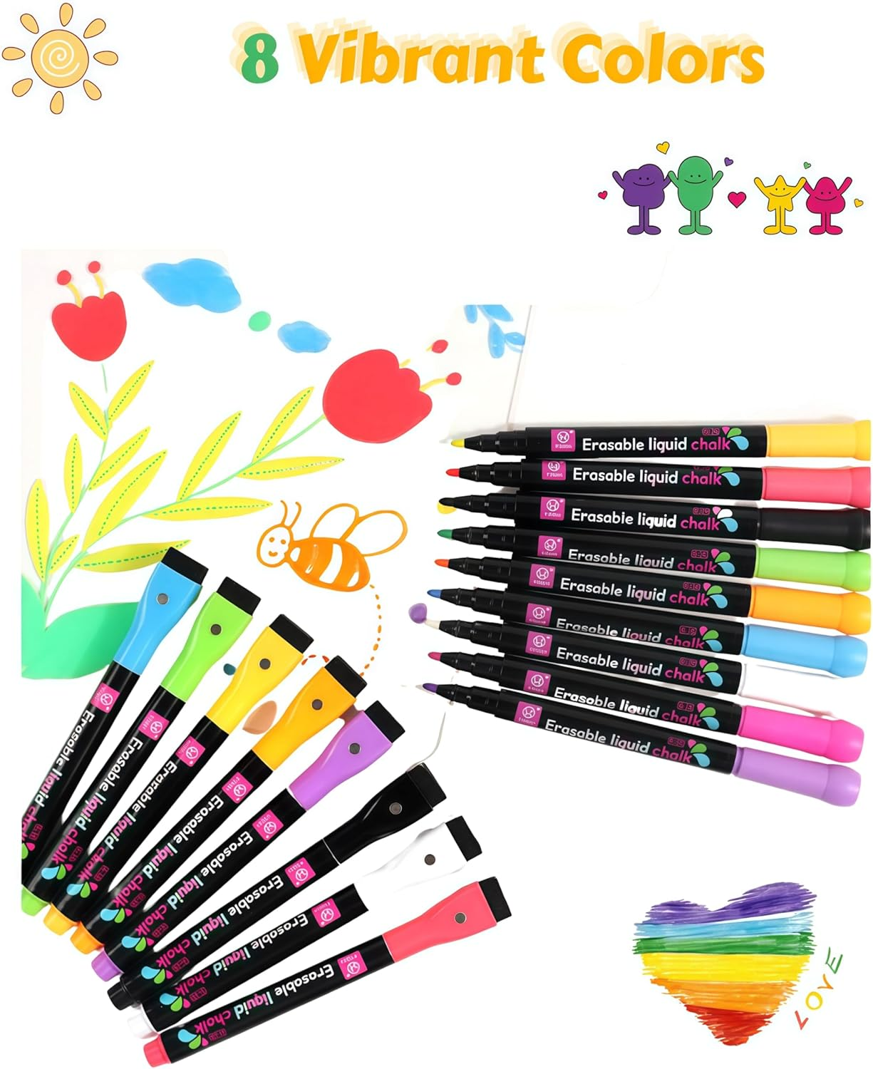 Joiyota 8-Color Acrylic Magnetic Whiteboard Markers Set &ndash; 1Mm Fine Tip & Brush Cap, Liquid Chalk Dry Erase Markers for Whiteboard, Glass, Acrylic Crafts & Chalk Pen Art - 8 Colors Magnetic image number 2