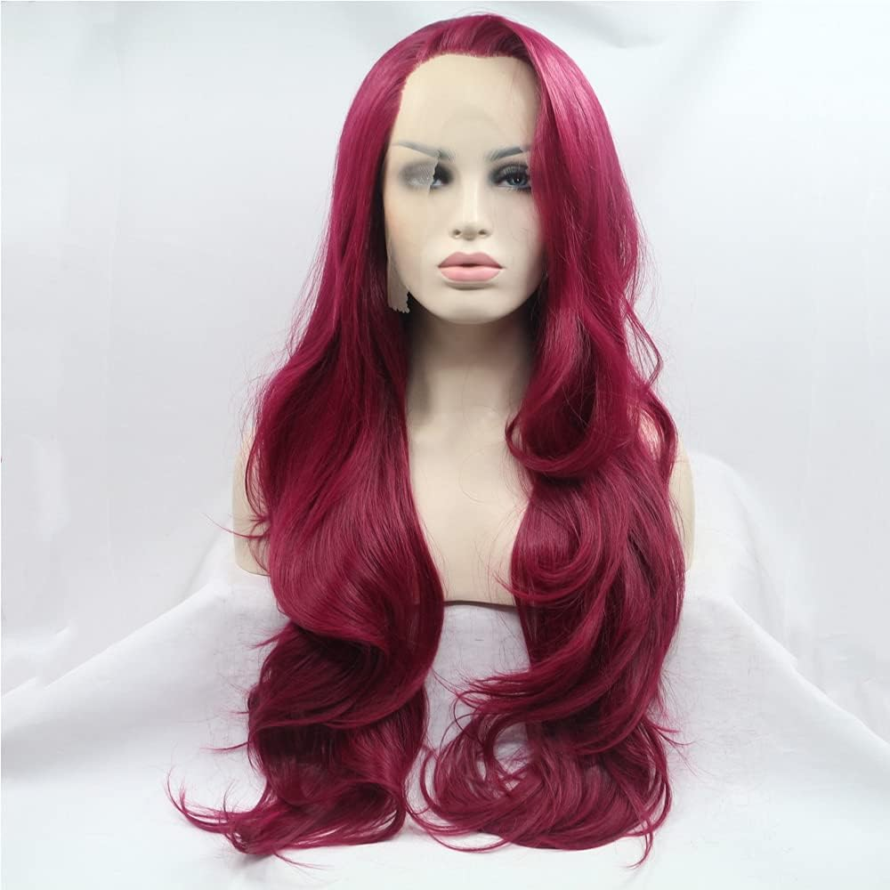 Xiweiya Burgundy Wavy Hair Long Wine Red Wig Side Parting Soft Lace Front Wig Heat Resistant Drag Queen Wigs Replacement Wig Cosplay Wigs 24 Inch image number 7