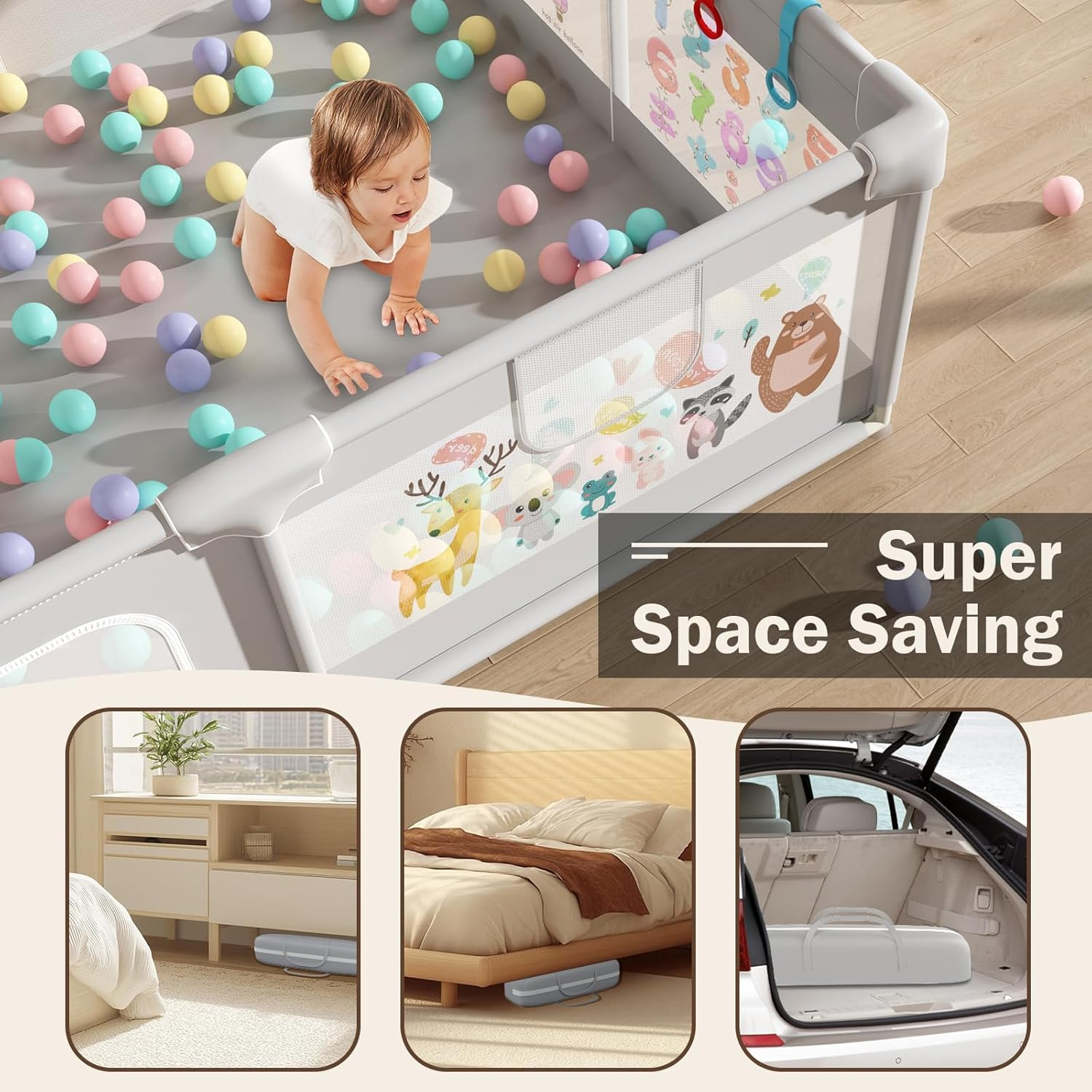 200X150Cm Playpen Baby, Extra Large Play Pen for Toddlers with Pattern Anti-Slip Sturdy Baby Play Yards Fence with 50 Balls, 4 Pull Rings, Balls Storage, Ball Storage & Zipper Door (Gray) image number 5