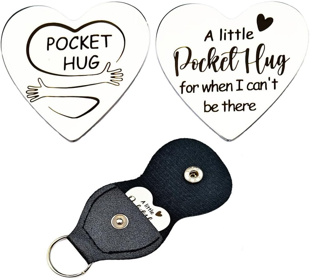 Long Distance Relationship Friendship Gifts for Women Men Heart Pocket Hug Token for Family Christmas Birthday Gifts for Couple Friends Hug Tokens Keepsake PU Leather Keychain