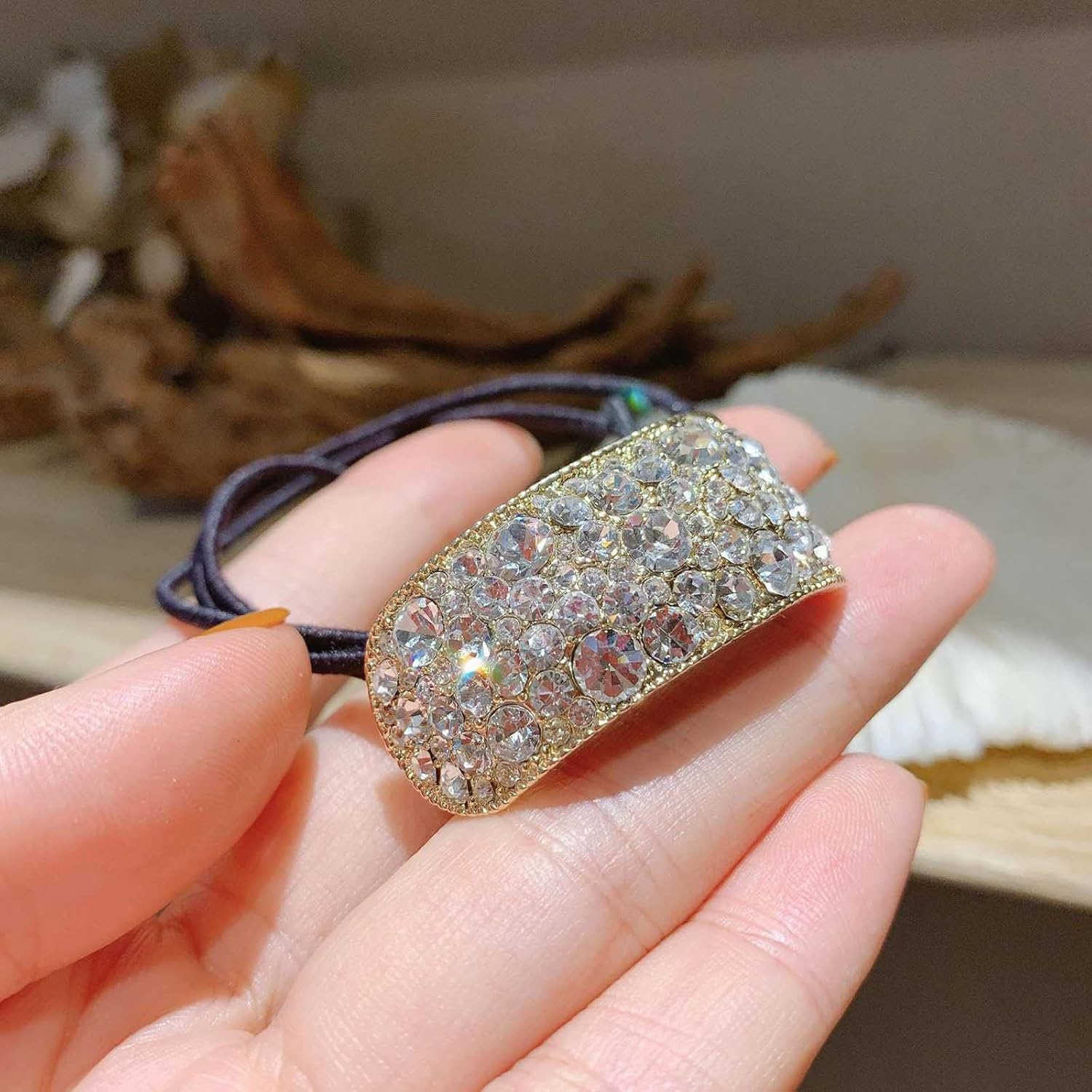 Wendalern Boho Rhinestone Ponytail Holder Cuffs Geometric Elastic Scrunchies Gold Crystal Ponytail Hair Tie Band Luxury Ponytail Hairband Ring Hair Accessories for Women and Girls image number 2