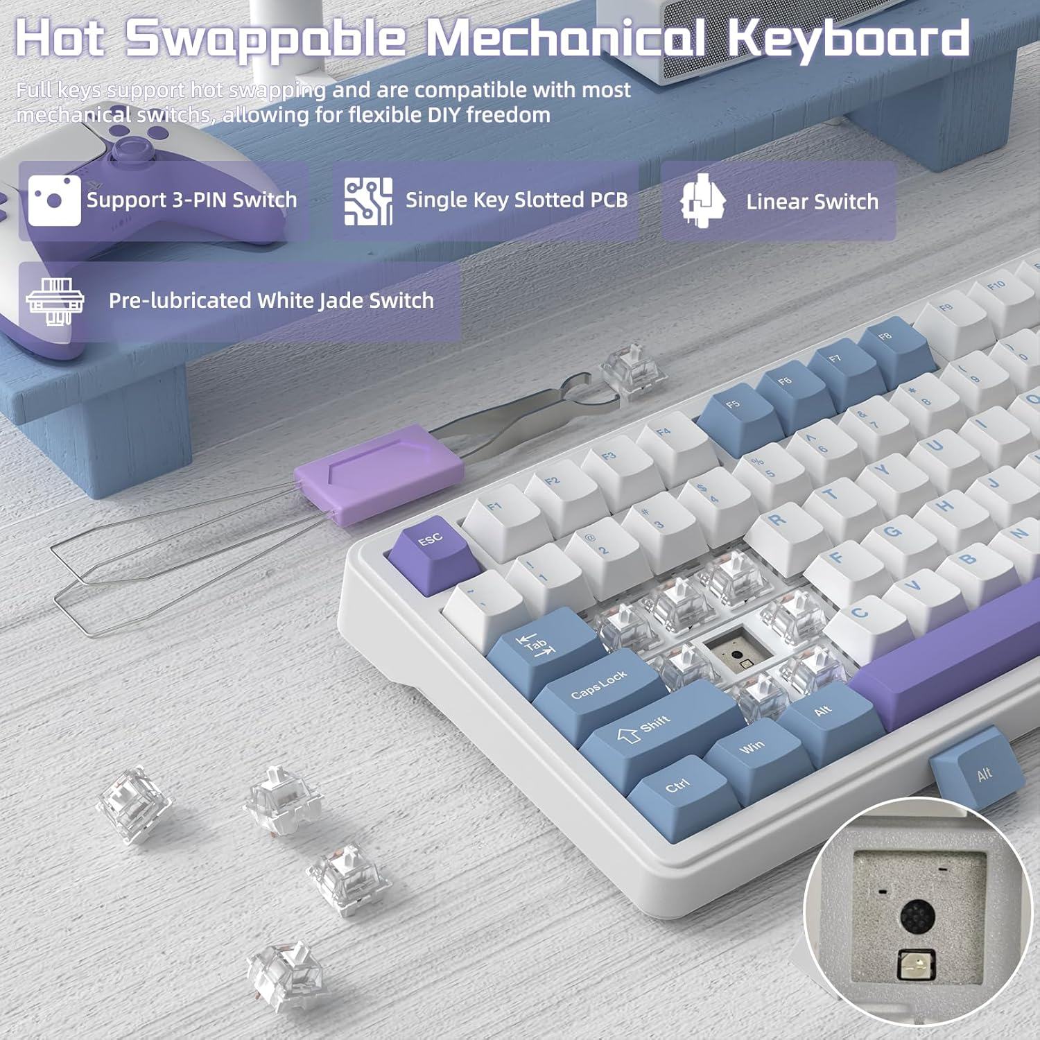 ATTACK SHARK X85 Gasket Mechanical Keyboard with Knob,75% Tri-Mode(Bt5.0/2.4G/Usb-C) Wireless Gaming Keyboard &Five-Layer Padding, Rgb,5000Mah,Hot-Swappable, PBT Keycaps for Win/Mac(Blue White) image number 2