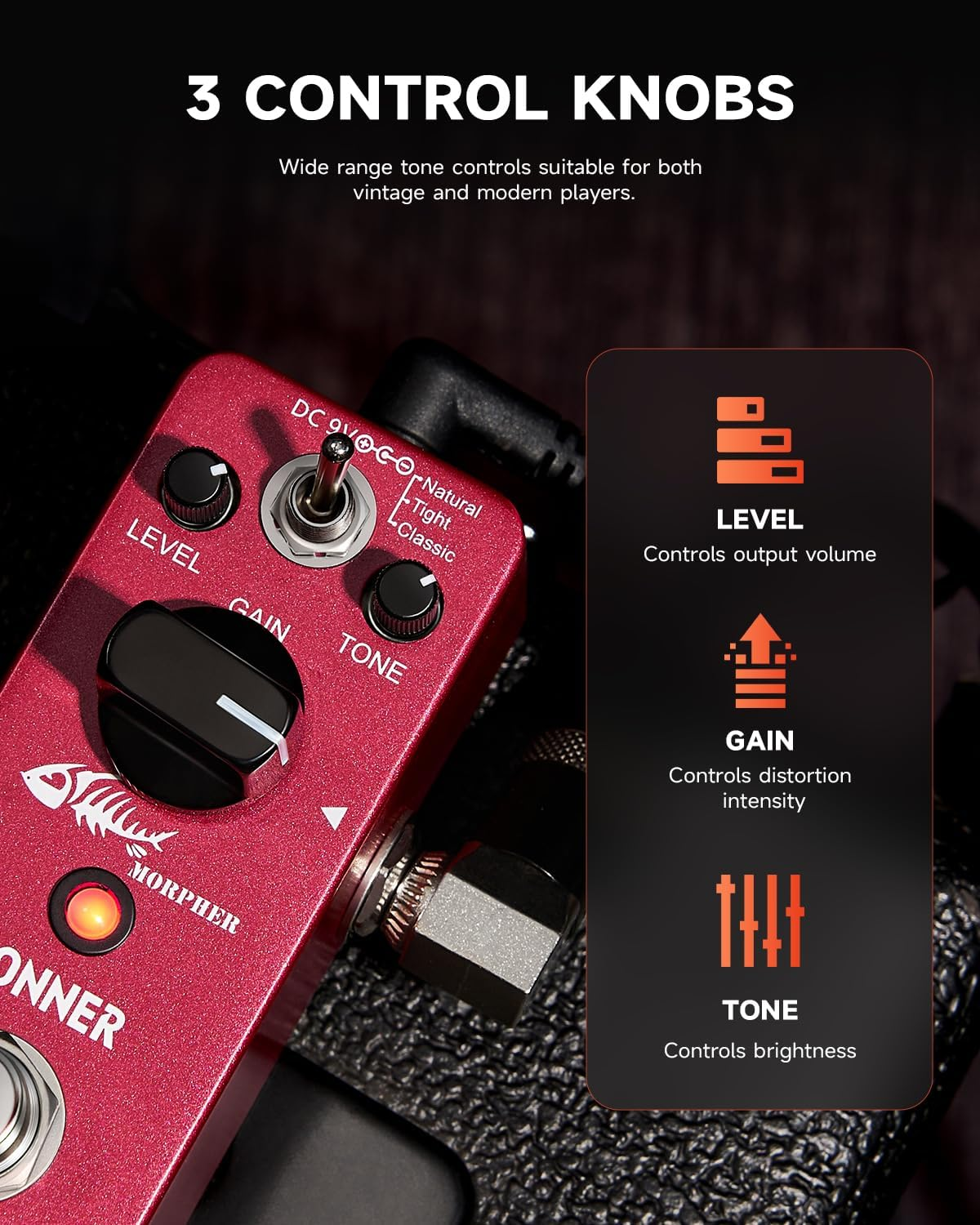 Donner Distortion Guitar Pedal, Morpher Distortion 3 Modes Natural Tighter Classic Crunch 80 Metal for Electric Guitar True Bypass - Distortion image number 6