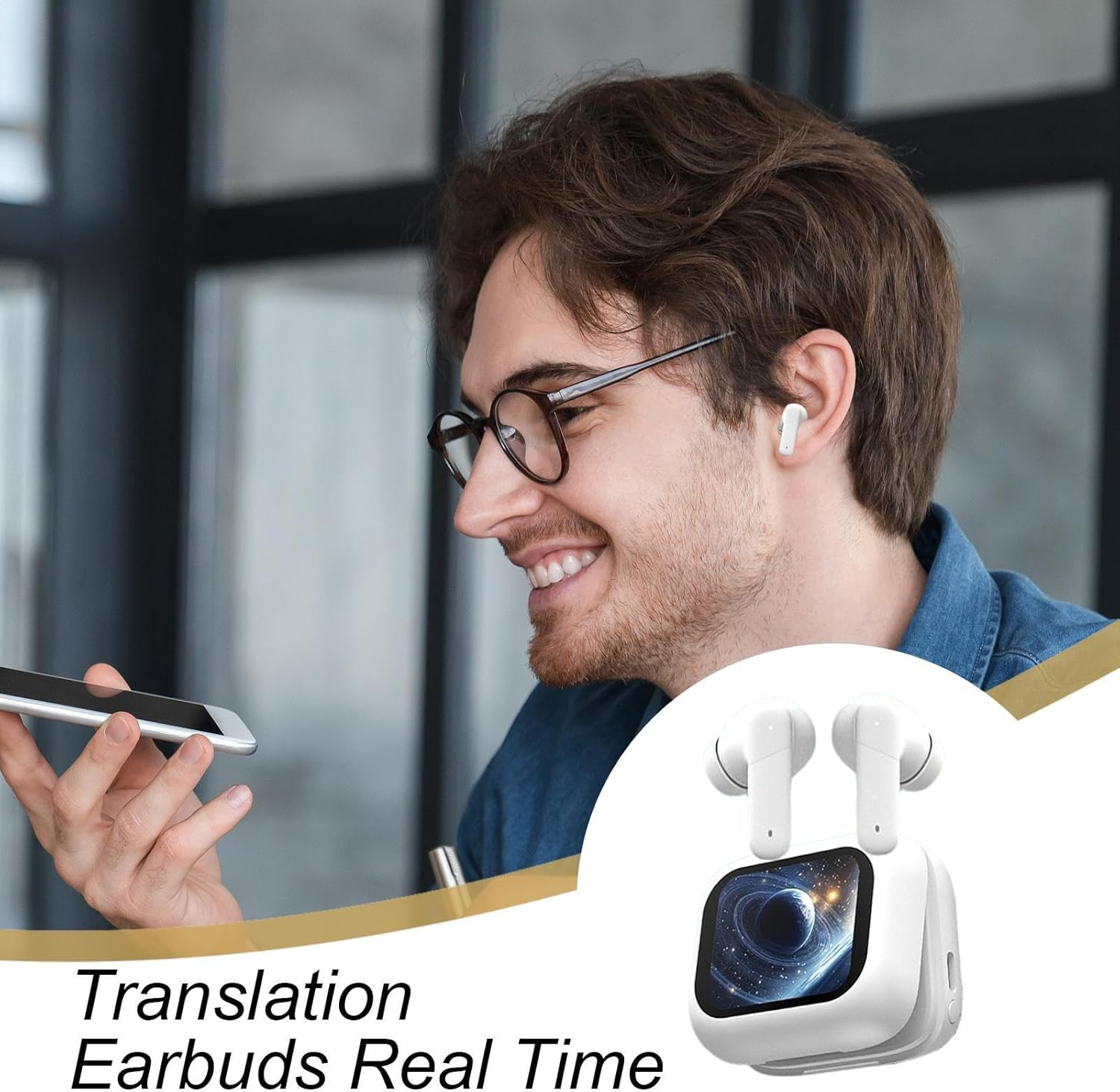 GEUGECY AI Translation Earbuds,Wireless LCD Touchscreen Earphones,Ai Translation Earbuds Real Time Headphones | for Men Women Travel Learning Business Trip Work Study College Sports Gym Indoor Outdoor image number 1