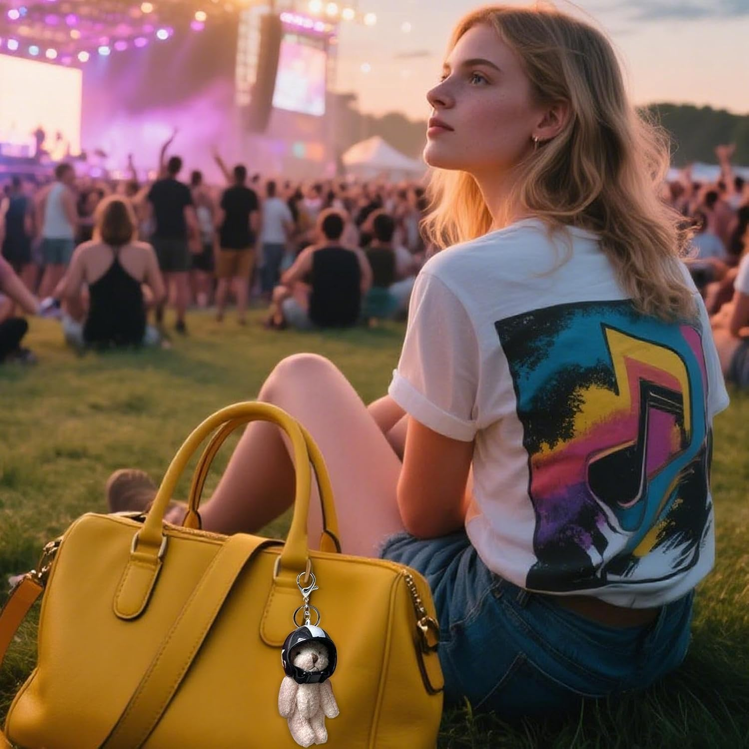 Humkopnl Cute Bear Keychain,Bear Plush Bag Charm with Helmet - Stylish Pendant, Key Chain for Travel Schoolbag Women Wallet - White image number 6