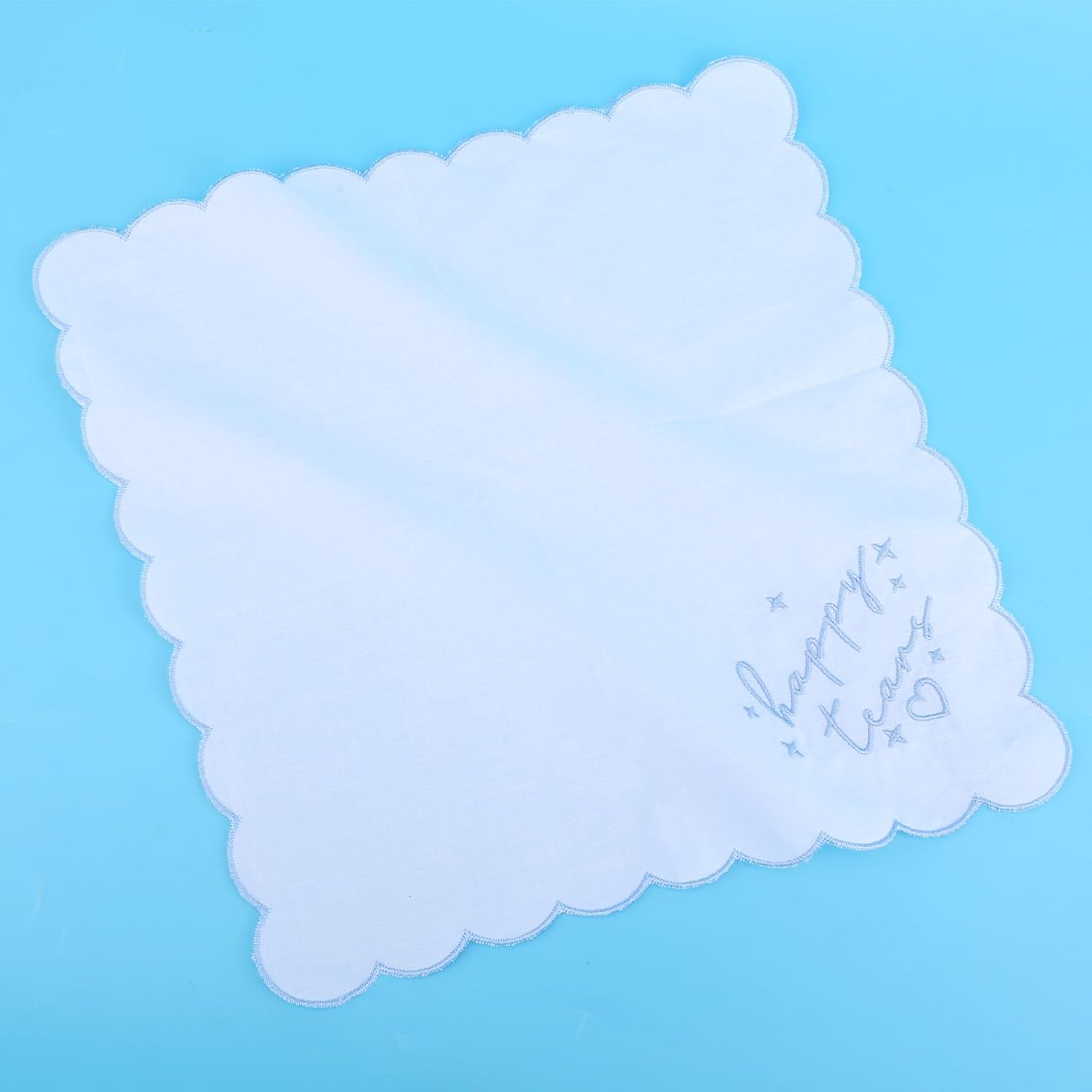 Fukaisu Happy Tears Embroidered Handkerchief, 10X10In/25X25Cm Bridal Handkerchief with Blue Embroidered Scalloped Edges and Hearts image number 3