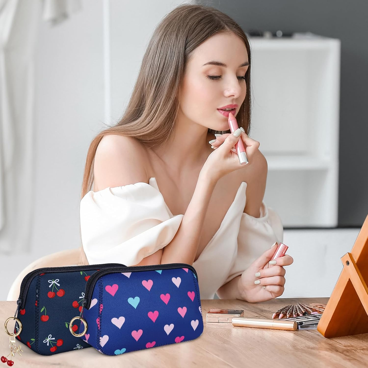 Likesing Small Cosmetic Bag Girls Makeup Bag Mini Travel Toiletry Bag, Blue - Ring Hook image number 3