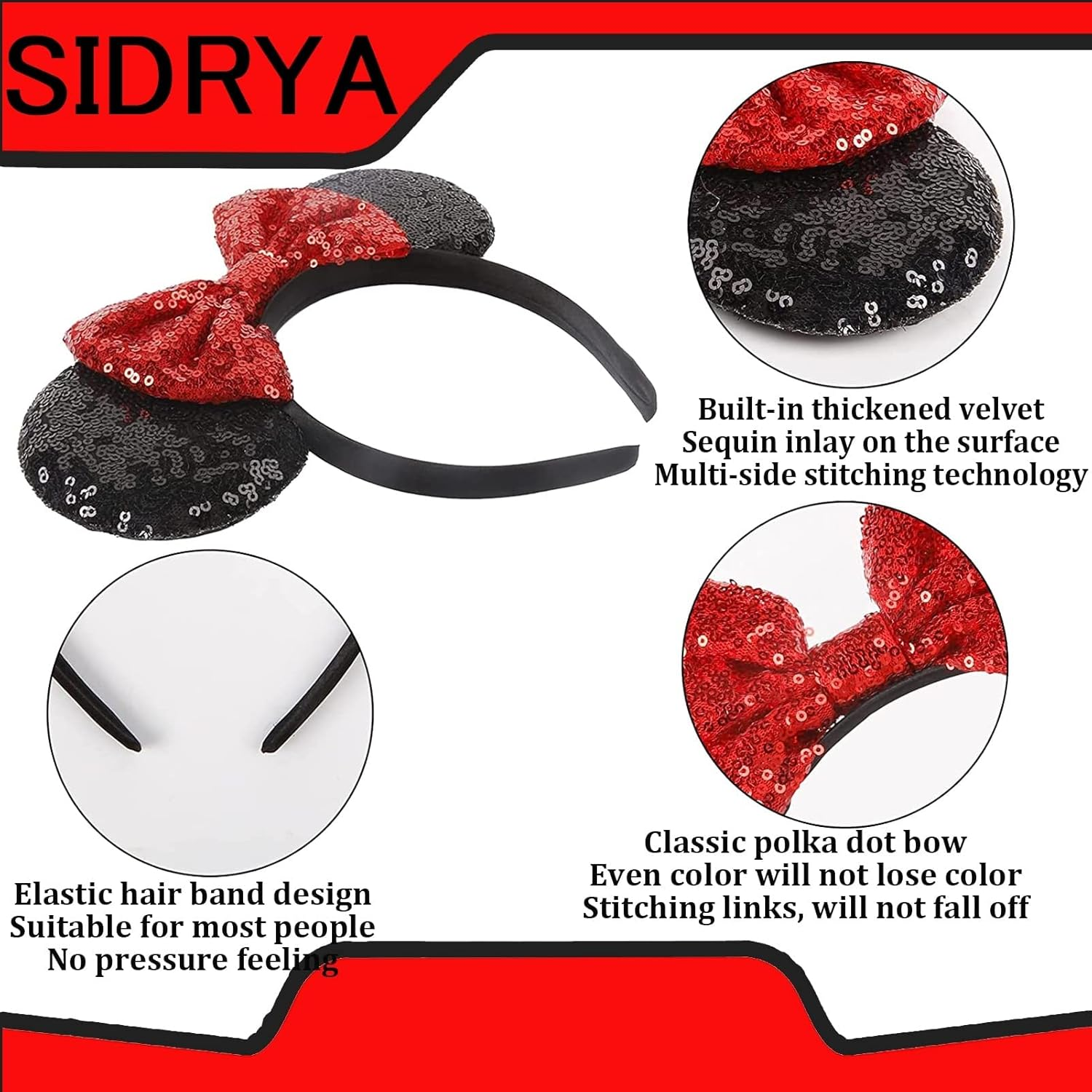 1 Pcs Shiny Mouse Ears Headband with Sequin Bows and 1 Pcs Sequin Mouse Ears Velvet Scrunchies with Bow Hairs Accessories Elastic Rubber Hair Band Cute Hair Ties Rope Ponytail Holder Sparkle Bow Girl Headwrap for Toddler Baby Boys Girls Women Adult Kids Birthday Party Celebrations Gift Amusement Park (Red) - Red image number 2