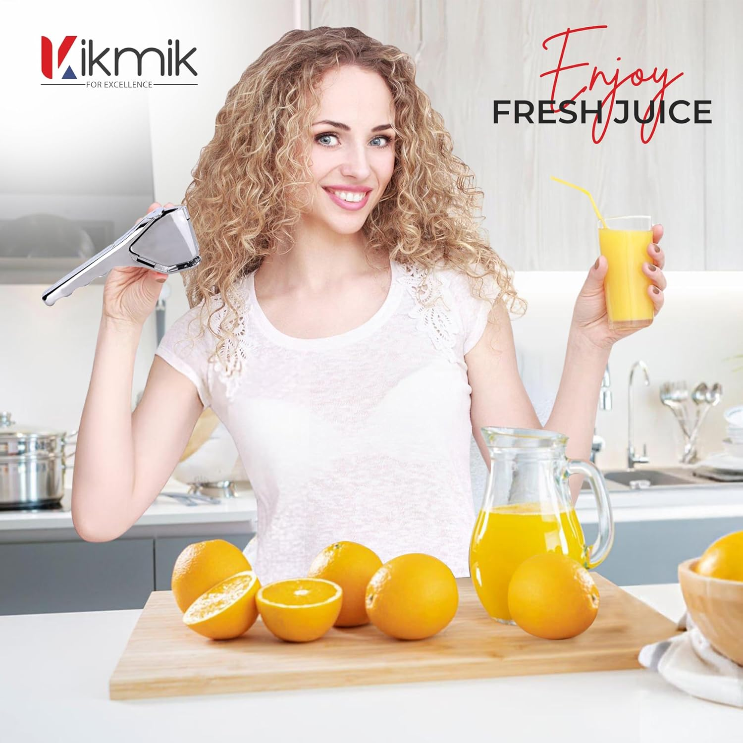 Kikmik Stainless Steel Lemon Squeezer - Handheld Citrus Squeeze Manual Juicer with Space-Saving Ergonomics Design & Sideways Pivot for Maximum Juice Yield- (Silver). image number 4