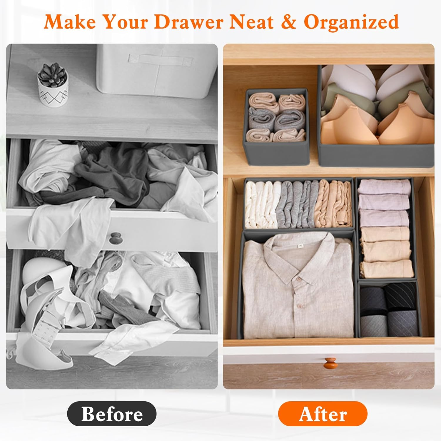 12 Pack Clothes Drawer Organiser, Foldable Drawer Organizers for Clothing, Stackable Storage Bins for Socks Bra Towels Ties (Grey) image number 5