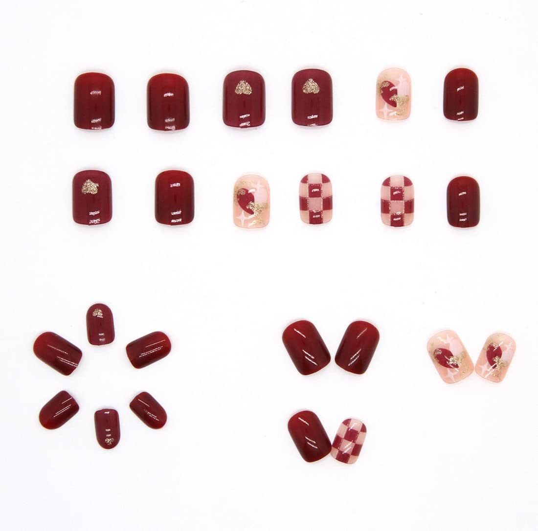 Short French Fake Nails Full Cover Red round Glossy Nails with Grid Design Fake Nails Stick on Nails for Women Girls （24 PCS） image number 5