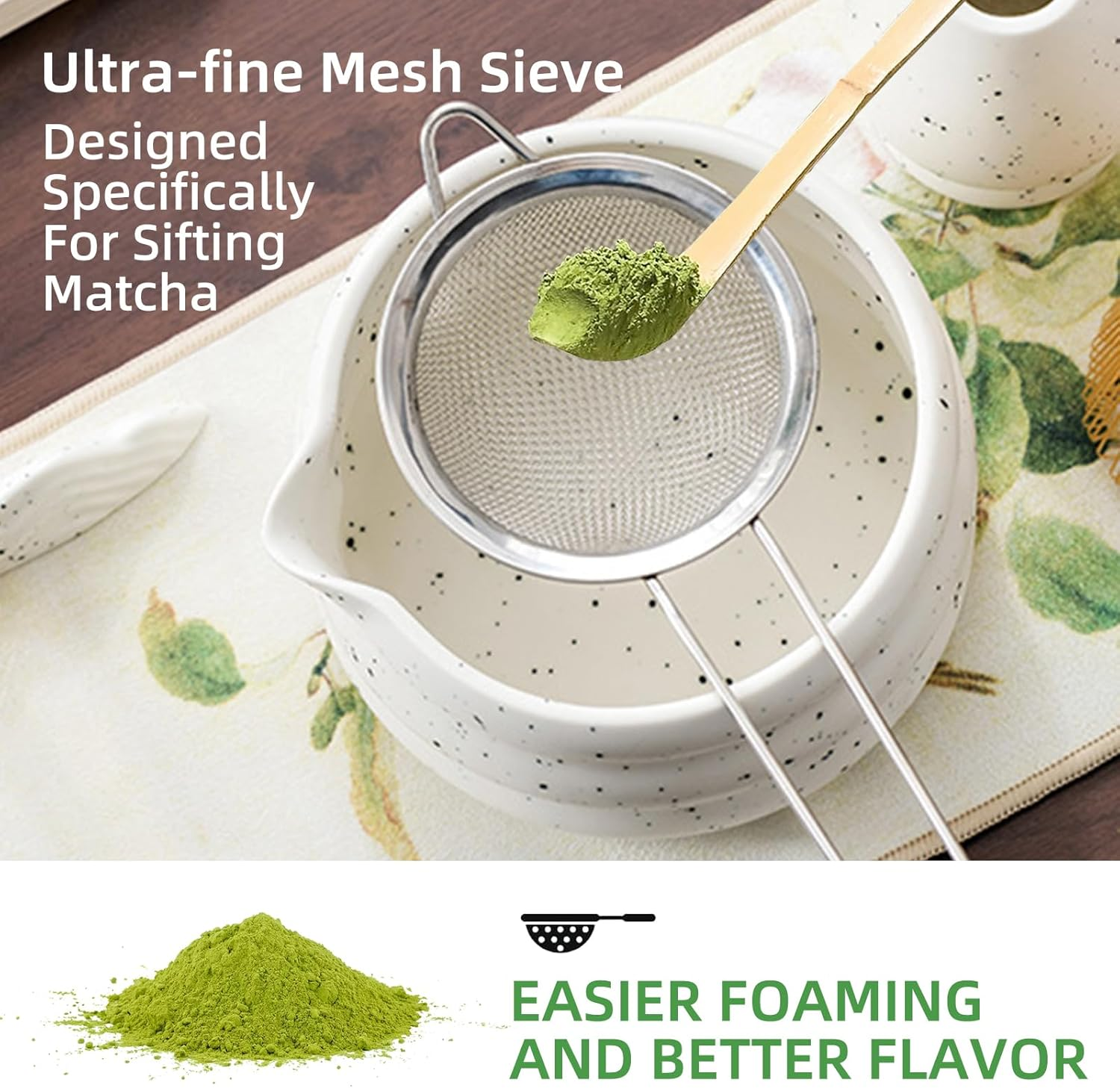 Matcha Whisk Set, 7 Pcs Ceramic Matcha Kit with Matcha Bowl, Spout, Bamboo Whisk, Bamboo Scoop, Ceramic Holder and Stainless Sifter for Traditional Tea Ceremony image number 3