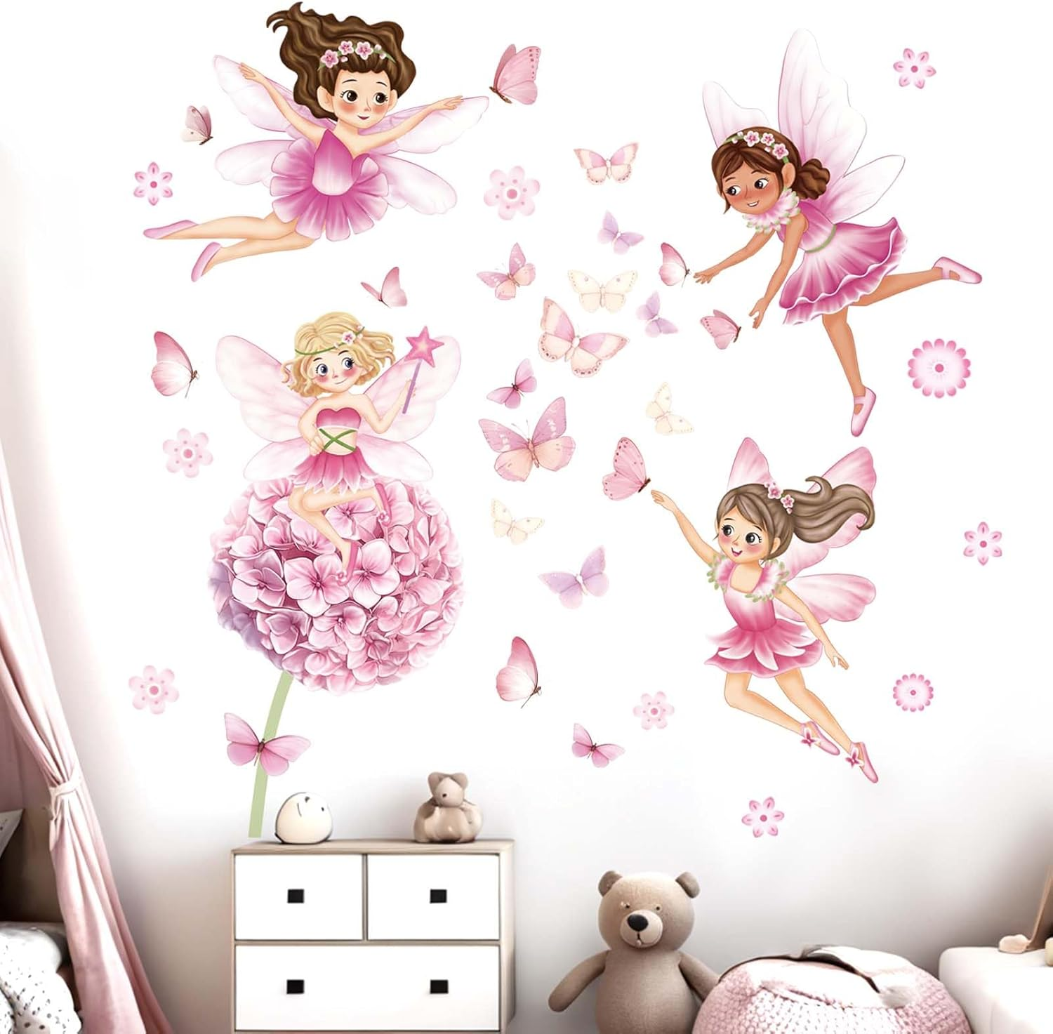 Fairy Girl Flower Wall Stickers - Pink Dandelion Floral Butterfly Wall Decals - Girls Bedroom Nursery Daycare Playroom Classroom Wall Decor image number 1