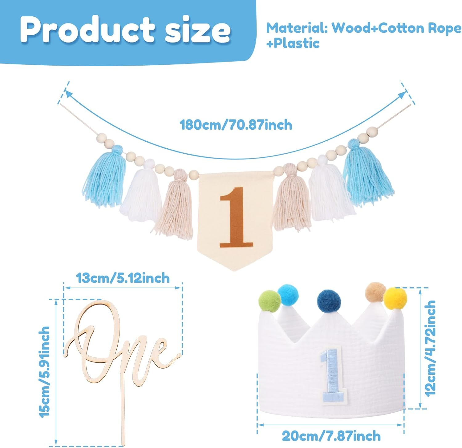 DJAPWPX 3 Pcs Baby First Birthday Party Decorations, Includes High Chair Banner Crown Hat and Cake Topper, Unique 1St Birthday Decorations for Baby Girls and Boys (Blue) - Blue+Pink image number 6