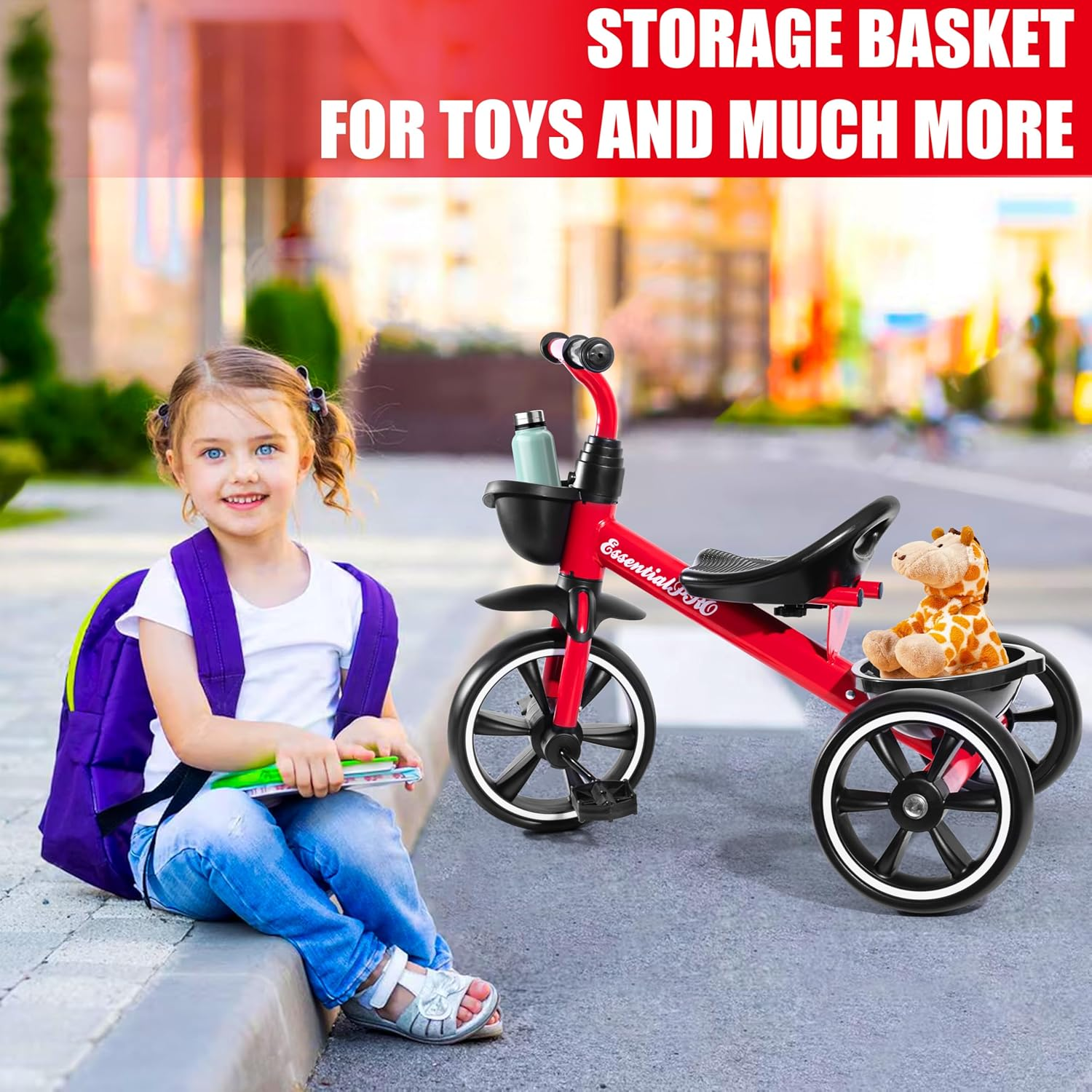 Essentialpro Kids Tricycle with Front & Rear Basket | Toddler Tricycle | Kids Riding Bike | Lightweight & Portable Push Bike with Removable Pedals | Kids Trike for 2 to 5 Years Old | 3 Wheel Bike image number 2