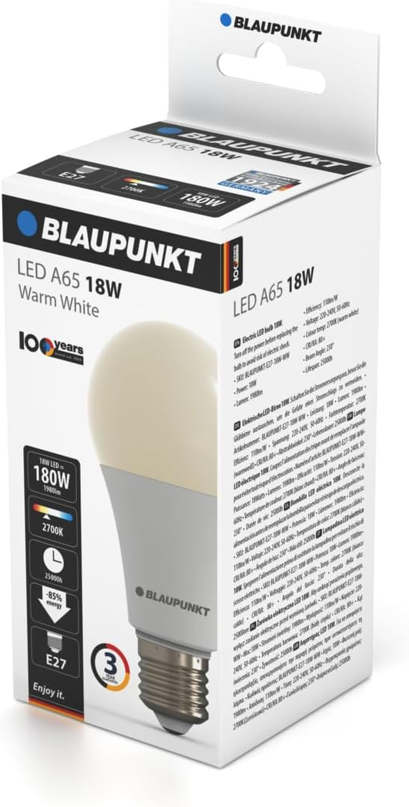 Blaupunkt LED Bulb Classic A65 LED Lamp, E27 Base Screw, 18W, Replaces 180W Incandescent, Warm White 2700K, Yellow Light, Non-Dimmable, 1980 Lumen, Light Bulb, Room Lighting, 1 Piece (Pack of 1) image number 1