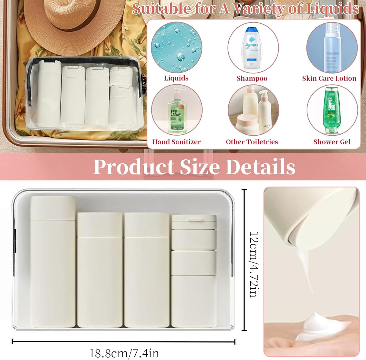 5 PCS Travel Cream Dispenser Bottles Set, TSA Approved Leak-Proof Toiletry Containers for Shampoo, Lotion, Cosmetics, Modern Portable Dispenser Bottles for Air Travel, Gym, Vacation (White) image number 3