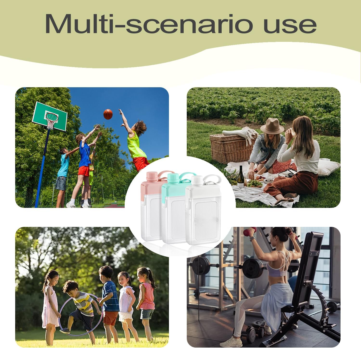 Hysagtek 3-Pack 15Oz Leak-Proof Flat Square Water Bottles - Stylish & Portable for Sports, Fitness, Camping, Hiking, Cycling (White, Pink, Green) image number 2