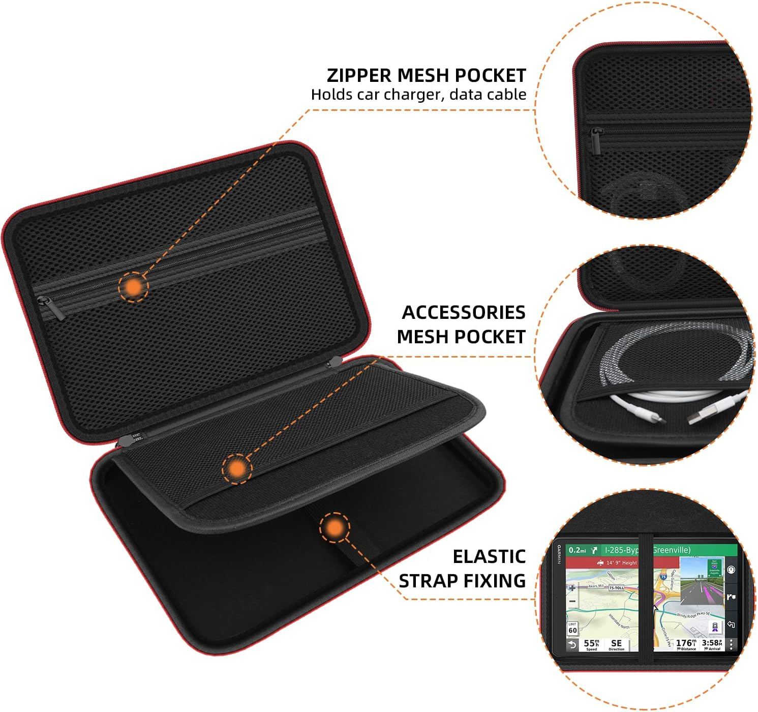 Hard GPS Case for 10-Inch Garmin Dēzl OTR1000 / Dēzl&trade; OTR1010 / RV 1095 / RV 1090 GPS Truck Navigator, GPS Protection Case with Mesh Pocket for USB Cable - Black image number 5