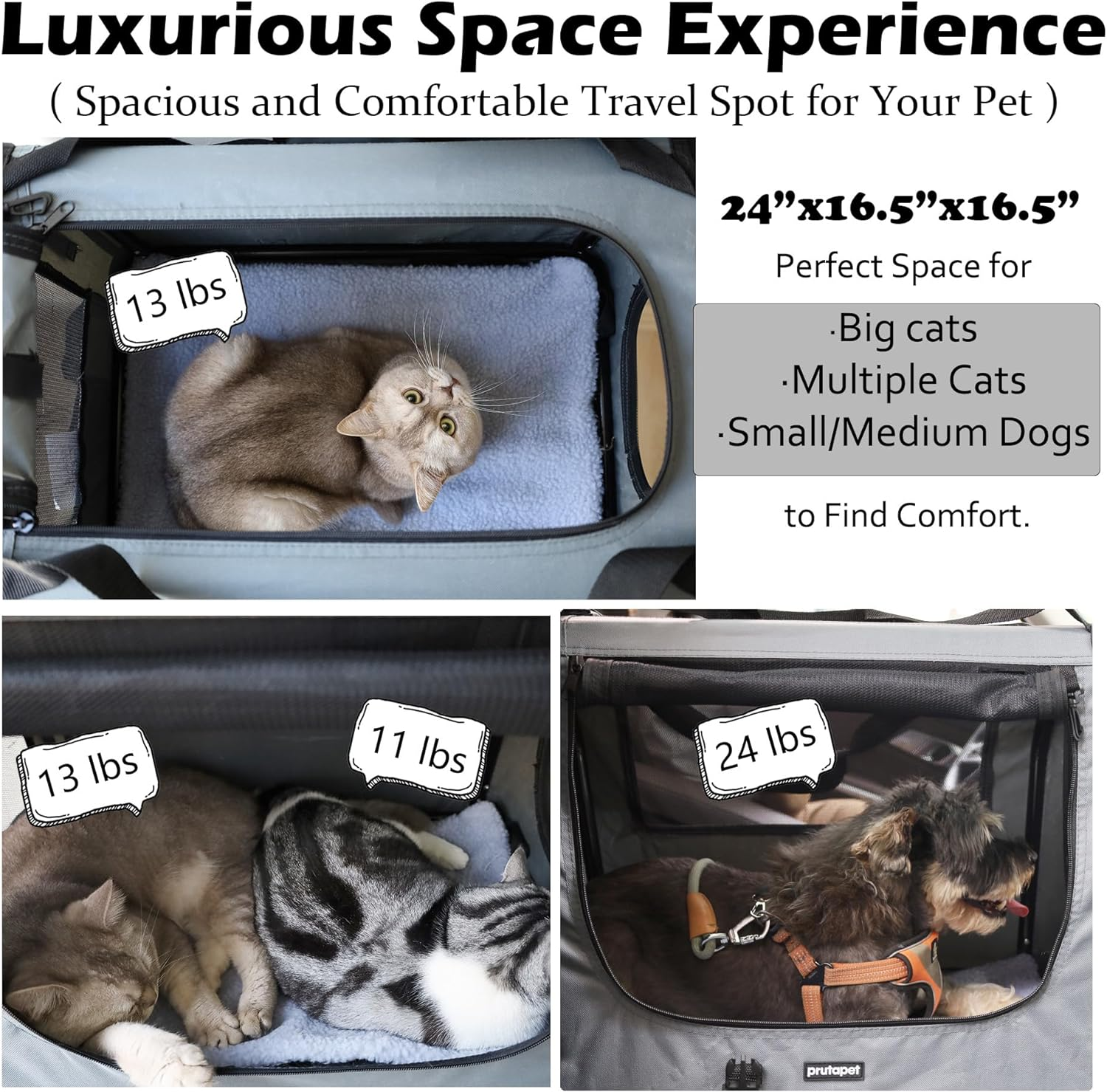 Large Cat Carrier 24"X16.5"X16.5" Soft-Sided Portable Pet Crate for Car Traveling with Collapsible Litter Box and Bowl image number 4