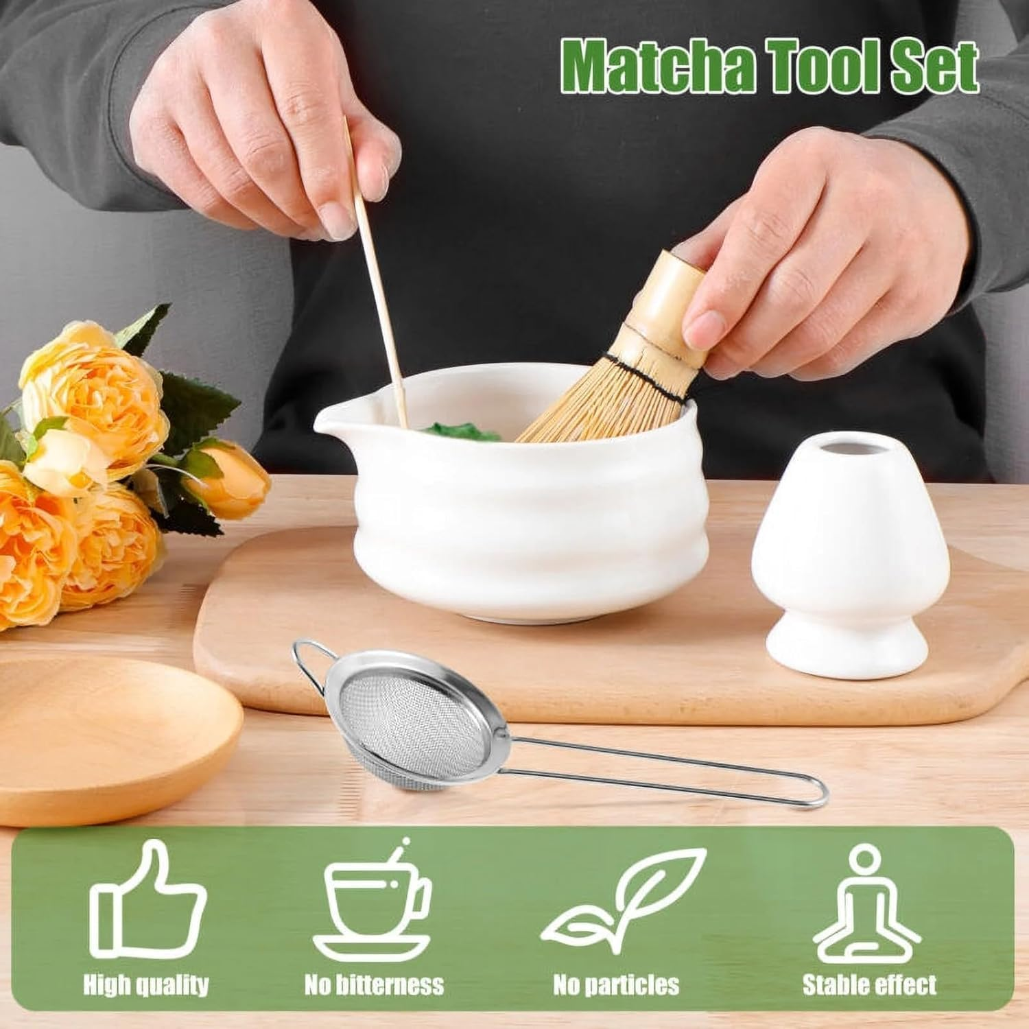 Matcha Whisk Set, Ceramic Matcha Set Includes Matcha Bowl, Matcha Whisk and Holder, Bamboo Scoop, Scoop Rest, Sifter and Tea Towel - 7 Pcs Matcha Kit for Matcha Lovers (White) image number 1