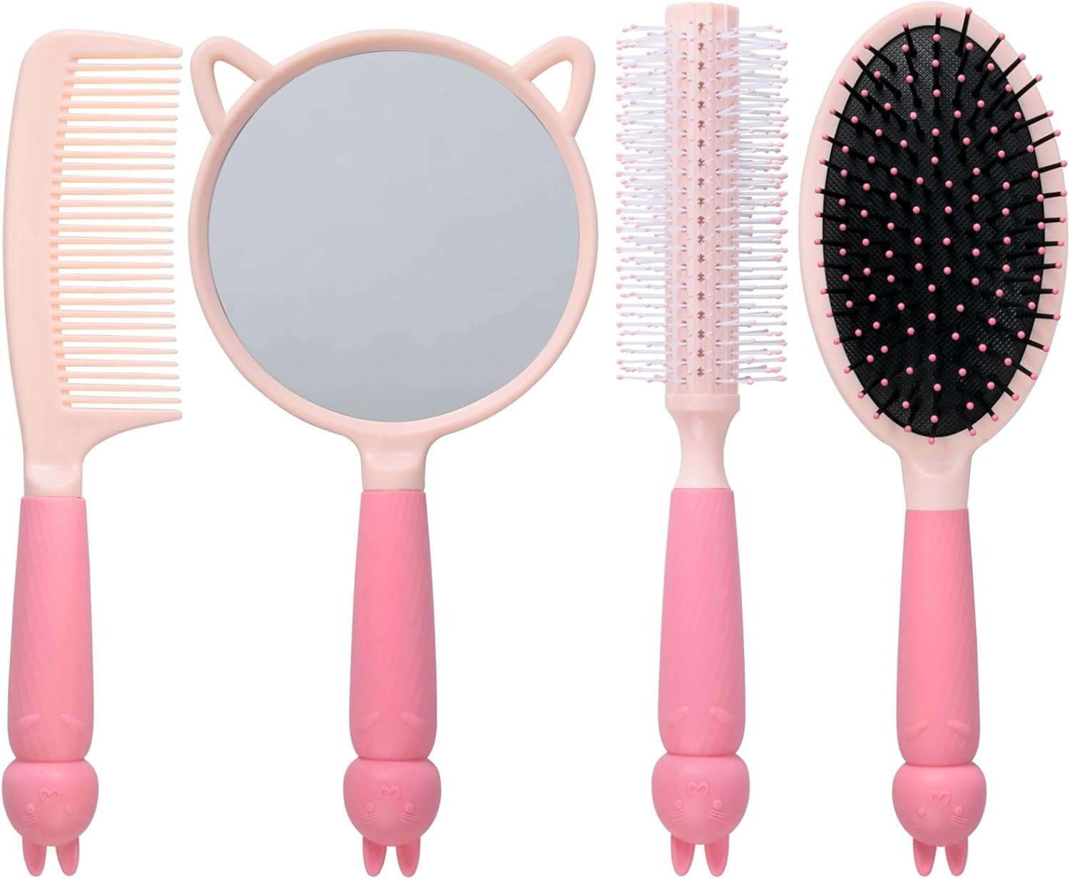 MEGAVOW 4 Pcs Cute Hairbrush Hand Mirror Set, Detangle Massage Comb, Fine Tooth Comb, Rabbit Personalised Handheld Mirror, round Curly Brush for Girls Wet Dry Hair Styling (Pink) image number 4