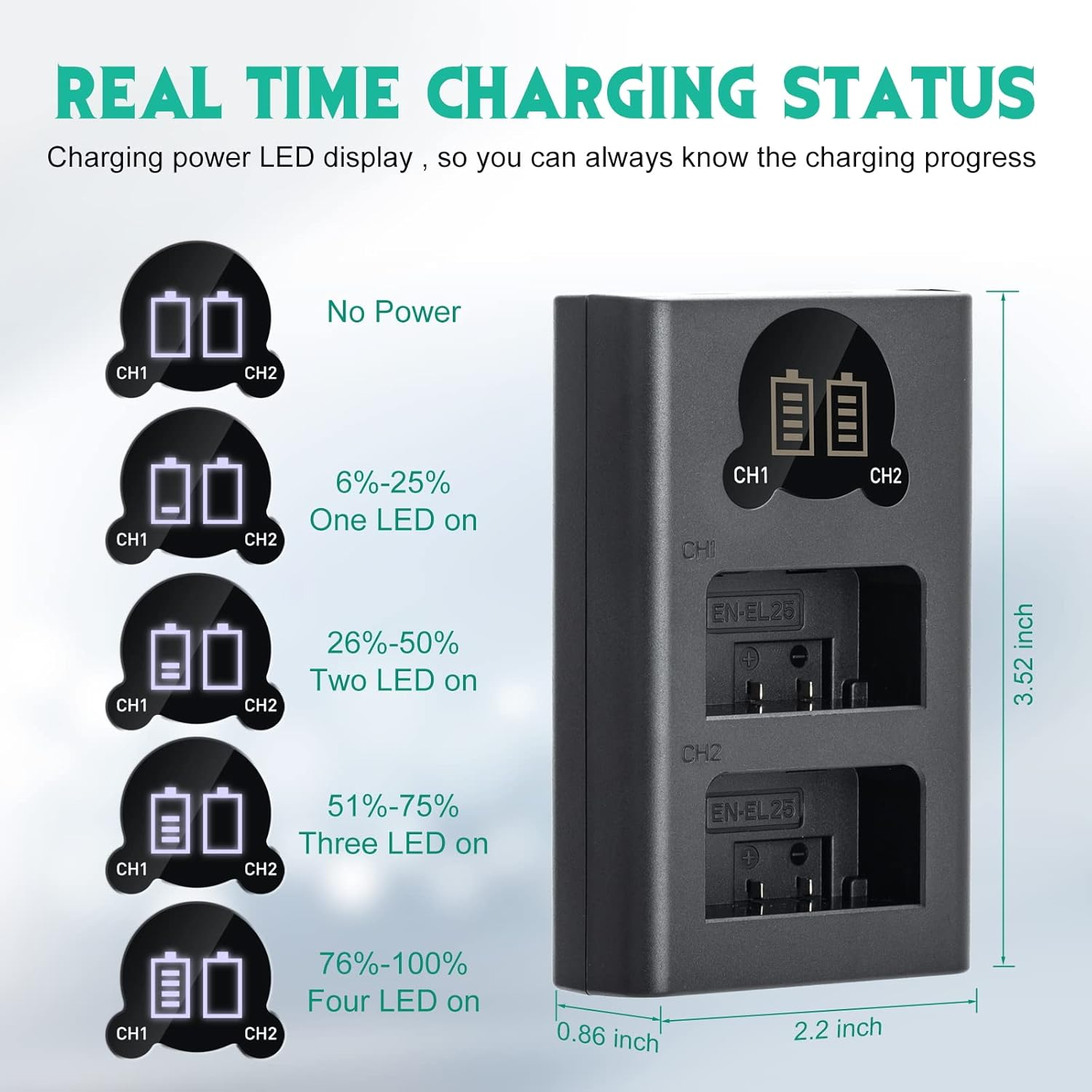 Kimaru EN-EL25 Battery Charger, Double Slot MH-32 Charger for Nikon Z30, Z50, ZFC Cameras. image number 3