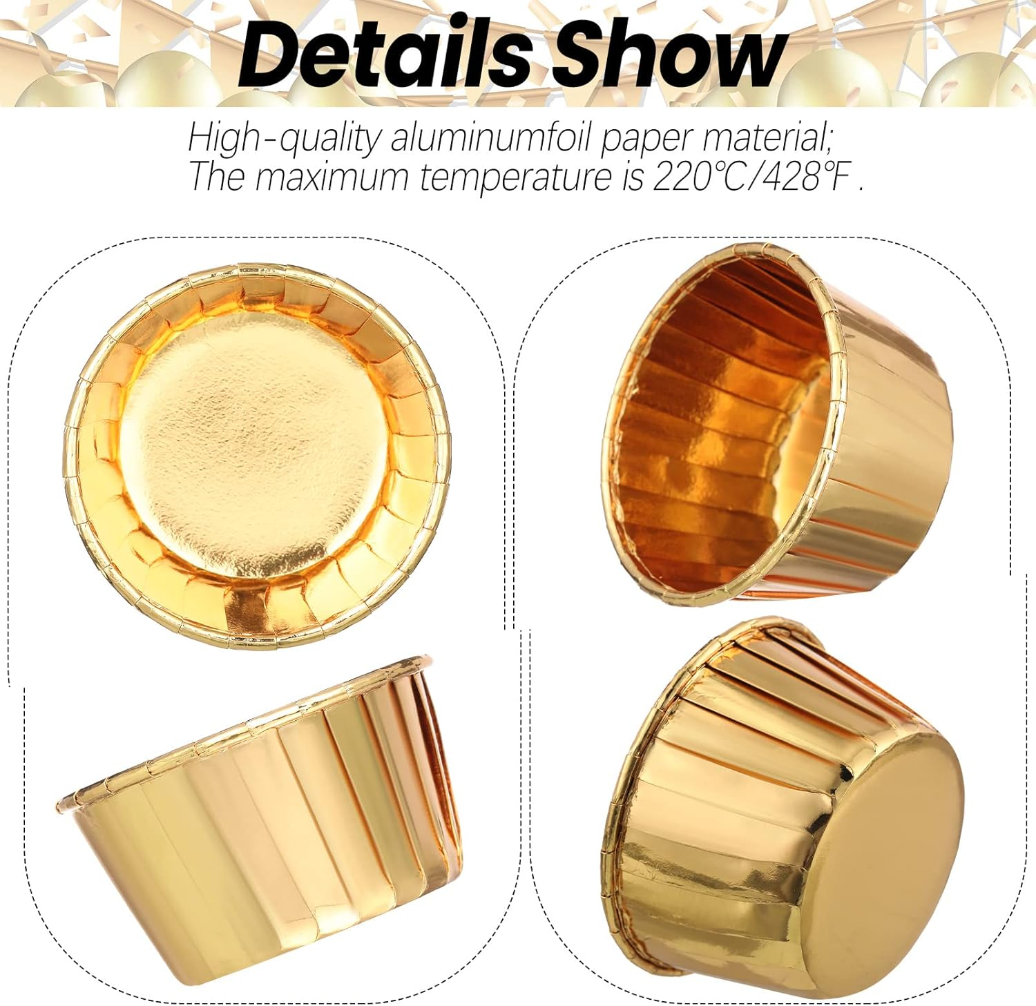 300 Pack Gold Cupcake Liners Bulk Disposable Foil Muffin Cups 3.5 Oz Wrappers for Baking Aluminum Paper Mini Metallic Disposable Holiday Party Wedding Festival Supply image number 2