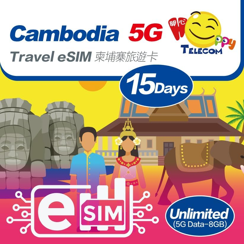 Happy 5G Esim Cambodia 15Days Unlimited Data Travel Esim | 8GB of 5G High-Speed Data Then 256Kbps | Support Iphone & Android Devices | Easy Activation | No Need Registration image number 5