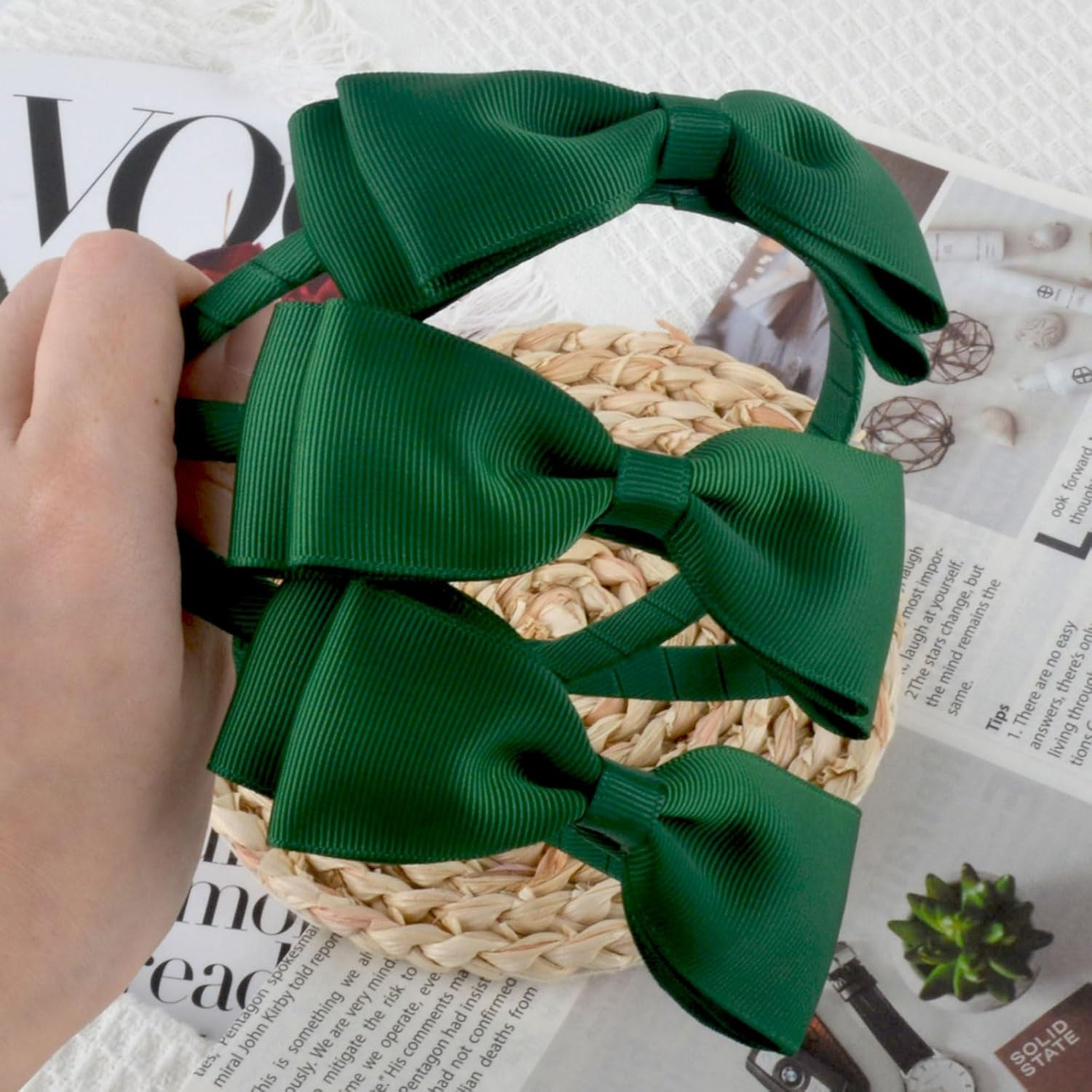 SSKHE 3 Pieces Green School Bows Headbands Alice Hairbands, Girls Uniform Ribbon Bow Set, Hair Accessories for Little Girl Toddlers Teens Birthday New Year Present image number 3