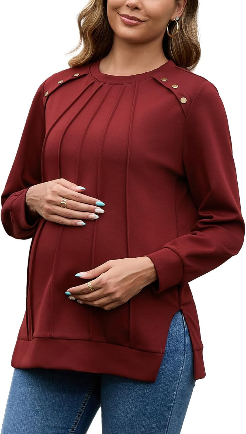 DEBELLY Maternity Sweatshirt Long Sleeve Button Side Split Fall Pregnancy Tops in Front Pleated for Women