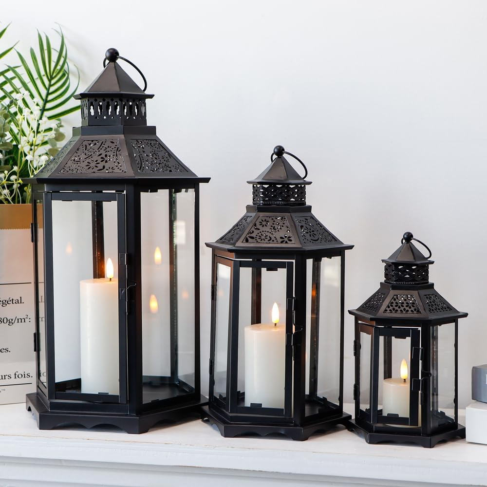 TRIROCKS Set of 3 Decorative Candle Lanterns18''&13"&10" H Hexagonal Candle Holder Vintage Metal Hanging Lantern with Tempered Glass for Garden Patio Wedding Event Indoors Outdoors(Black) image number 2