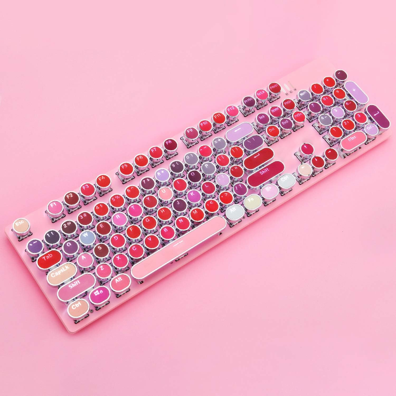 Typewriter Keyboard with White LED Backlit, Retro Steampunk Vintage Style Mechanical Gaming Keyboard 104 Keys Anti-Ghosting Blue Switch round Keycaps Metal Panel Wired USB for PC and Mac, Pink image number 3