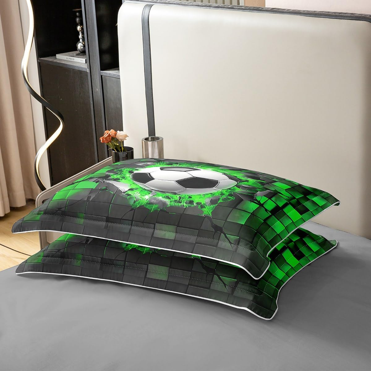 Football 100% Cotton Bed Linen, Football Lovers Sports Game Duvet Cover 135 X 200 Cm for Children Adults Green 3D Check Plaid Bedding Set, Neon Geometry Comforter Cover 1 Pillowcase Breathable image number 1