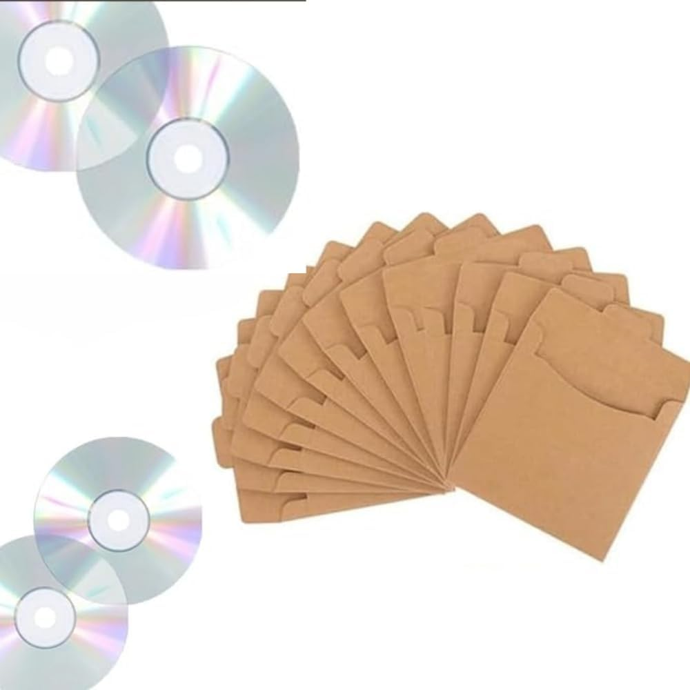 HIDOSNG CD/DVD Paper Sleeves, Brown Kraft Storage Envelopes, Kraft Paper Disc Bag Pack of 50