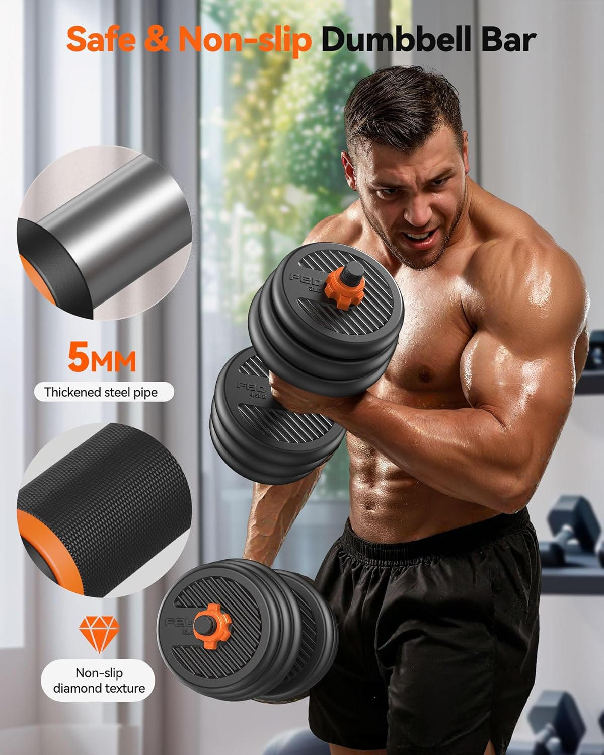 FEIERDUN Adjustable Dumbbells, 20/30/40/50/70Lbs Free Weight Set with Connector, 5 In1 Dumbbells Set Used as Barbell, Kettlebells, Push up Stand, Weight Plate, Fitness Exercises for Home Gym image number 2