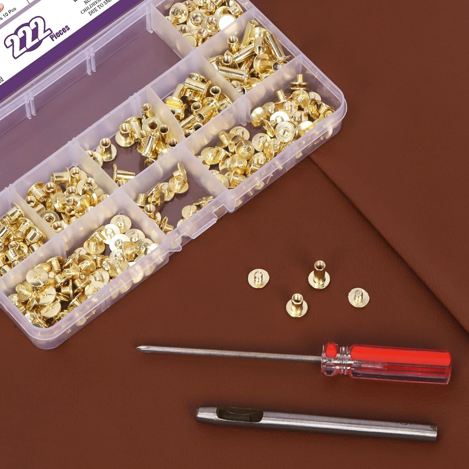 Swpeet 110 Set 6 Sizes M5 X 4Mm/5Mm/6Mm/8Mm/10Mm/12Mm Gold Leather Rivets Chicago Binding Screws with Install Tools Assortment Kit, Screw Rivets M5 Chicago Binding Screws for Repair Leather - Black image number 4