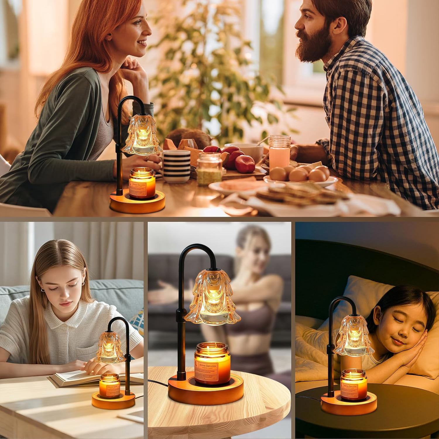 Candle Warmer Lamp with Timer and Dimmer, Adjustable Height Vintage Wax Warmer - Halogen Bulb, Retro Wood Base & Glass Shade, Elegant Table Lamp for Home Bedroom Office Decor image number 3