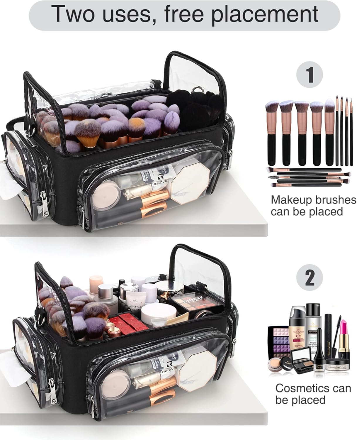 Relavel Makeup Brush Case - Extra Large, Professional Makeup Brush Holder Makeup Artist Travel Case Clear Waterproof Cosmetic Organizer Bag with Adjustable Strap and Dividers, Full Open Easy To