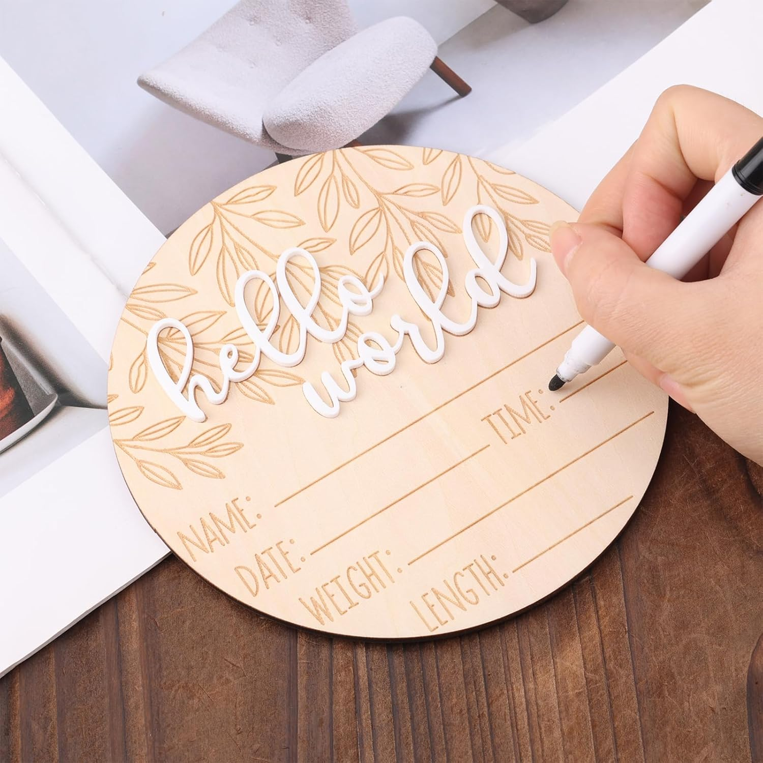 Birth Announcement Sign, Wooden Hello World Newborn Sign Baby Announcement Plaque Newborn Baby Name Board for Photo Props Baby Shower Hospital Nursery