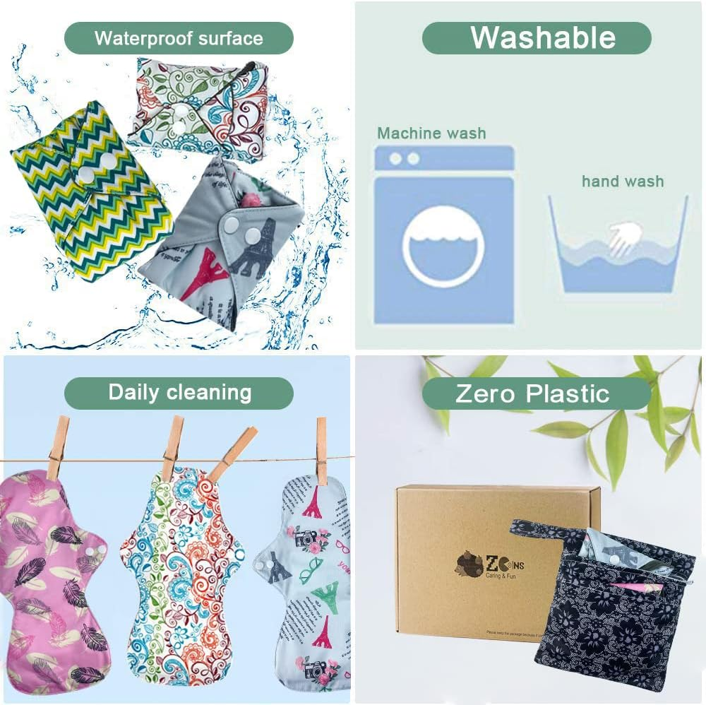 ZCOINS 4PCS Overnight Pads 13.5Inch Reusable Pads Menstrual Heavy Flow, Washable Cloth Pad with 1 Zipper Bag image number 4