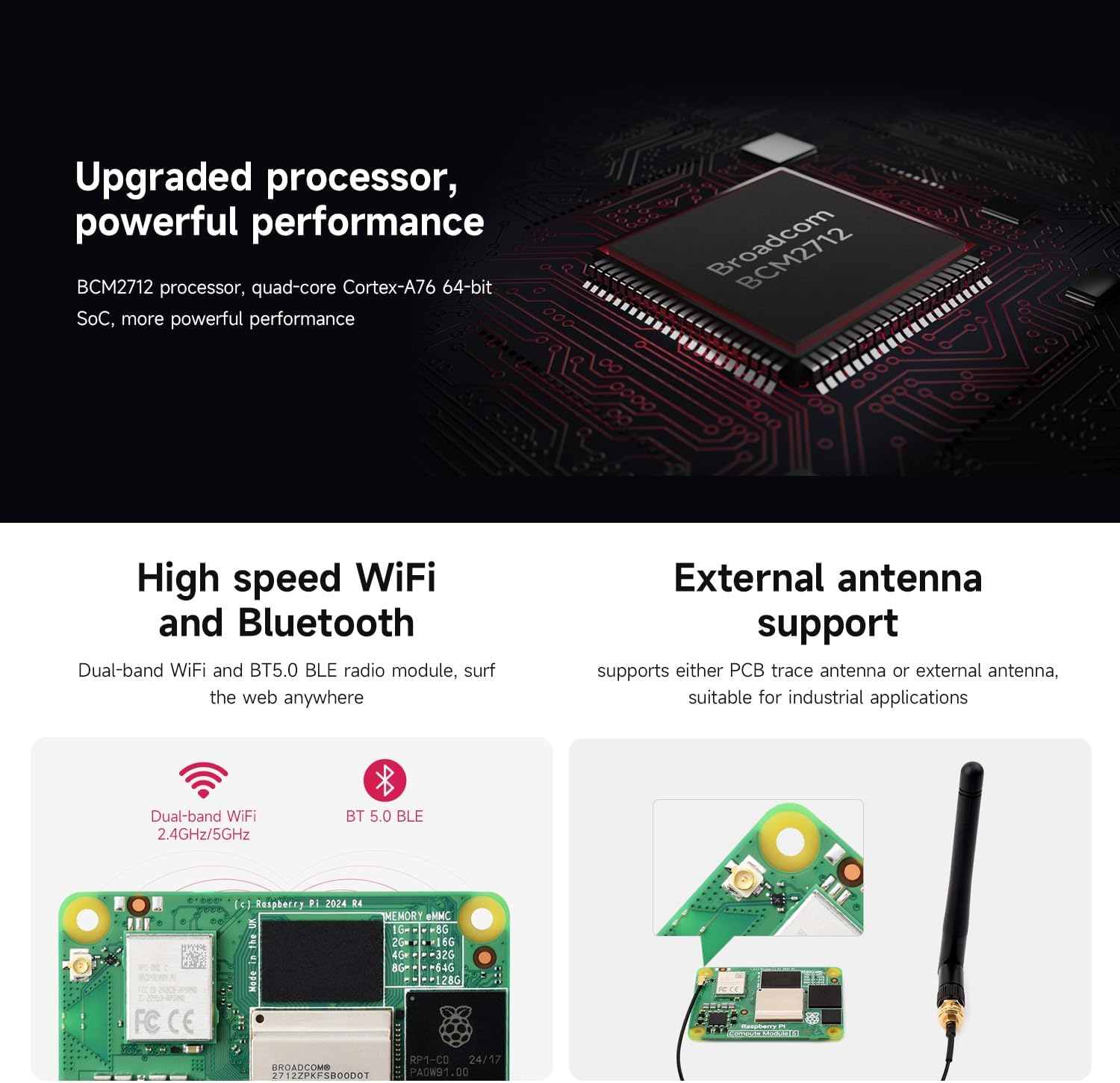 Waveshare CM5 Pi Compute Module 5, Comes with an Official Raspberry Pi CM5108000 (With Wire-Less, 8GB RAM, 0GB (Lite) Emmc Flash), an Antenna Kit and a HEATSINK (3 Items) image number 1