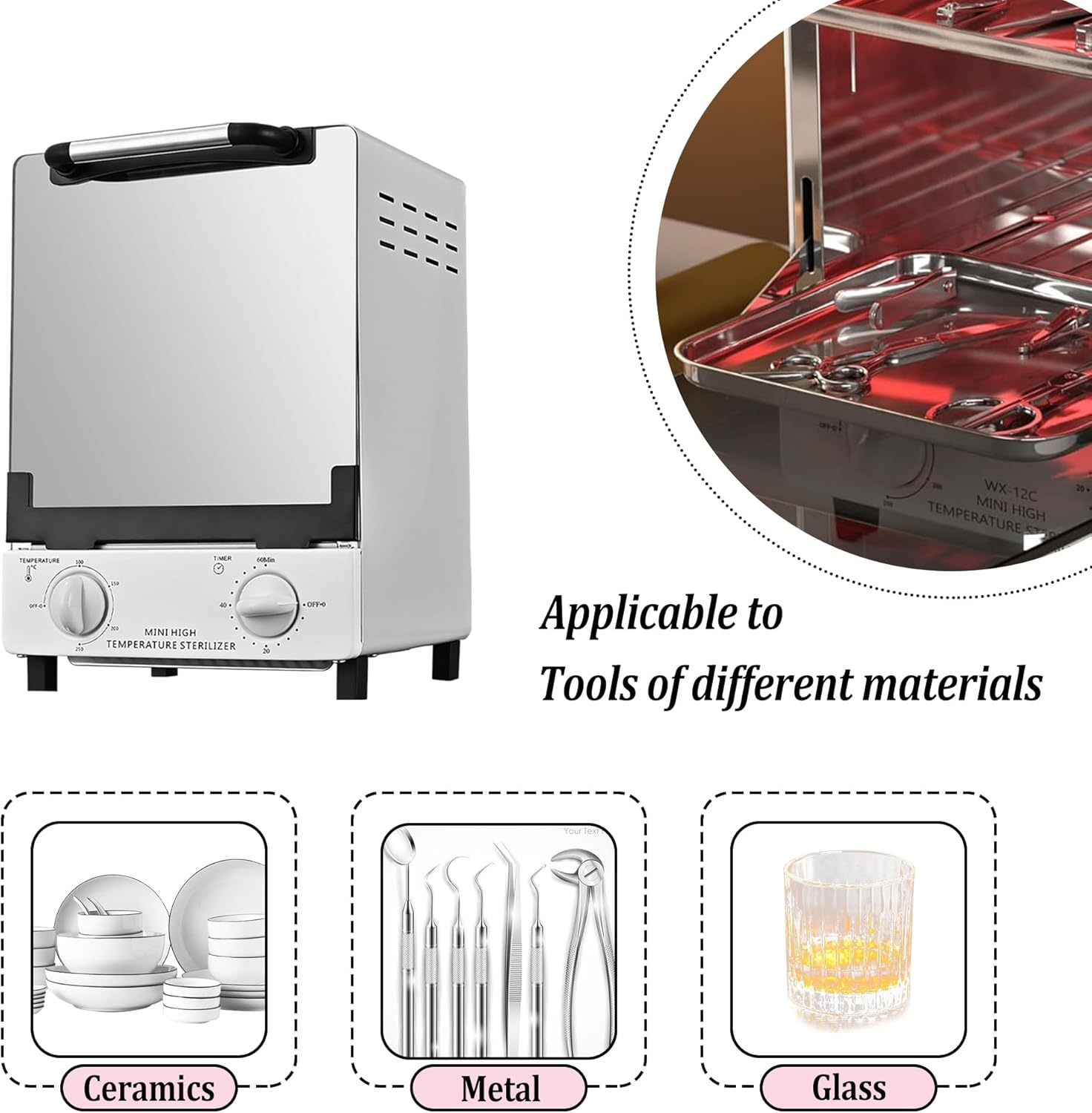 High Temperature Sterilizer, Large Capacity Dry Heat Stainless Steel Sterilizer with Temp and Timer Control, Max Timing 60Min, Max Temperature 250℃ (482℉), with Stainless Trays, 110V Power image number 3